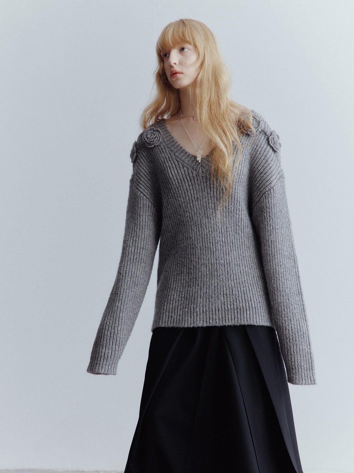 FUSSED Elegant Loose 3D Detail V-ceck Women Casual Mist Gray Midlength Sweater