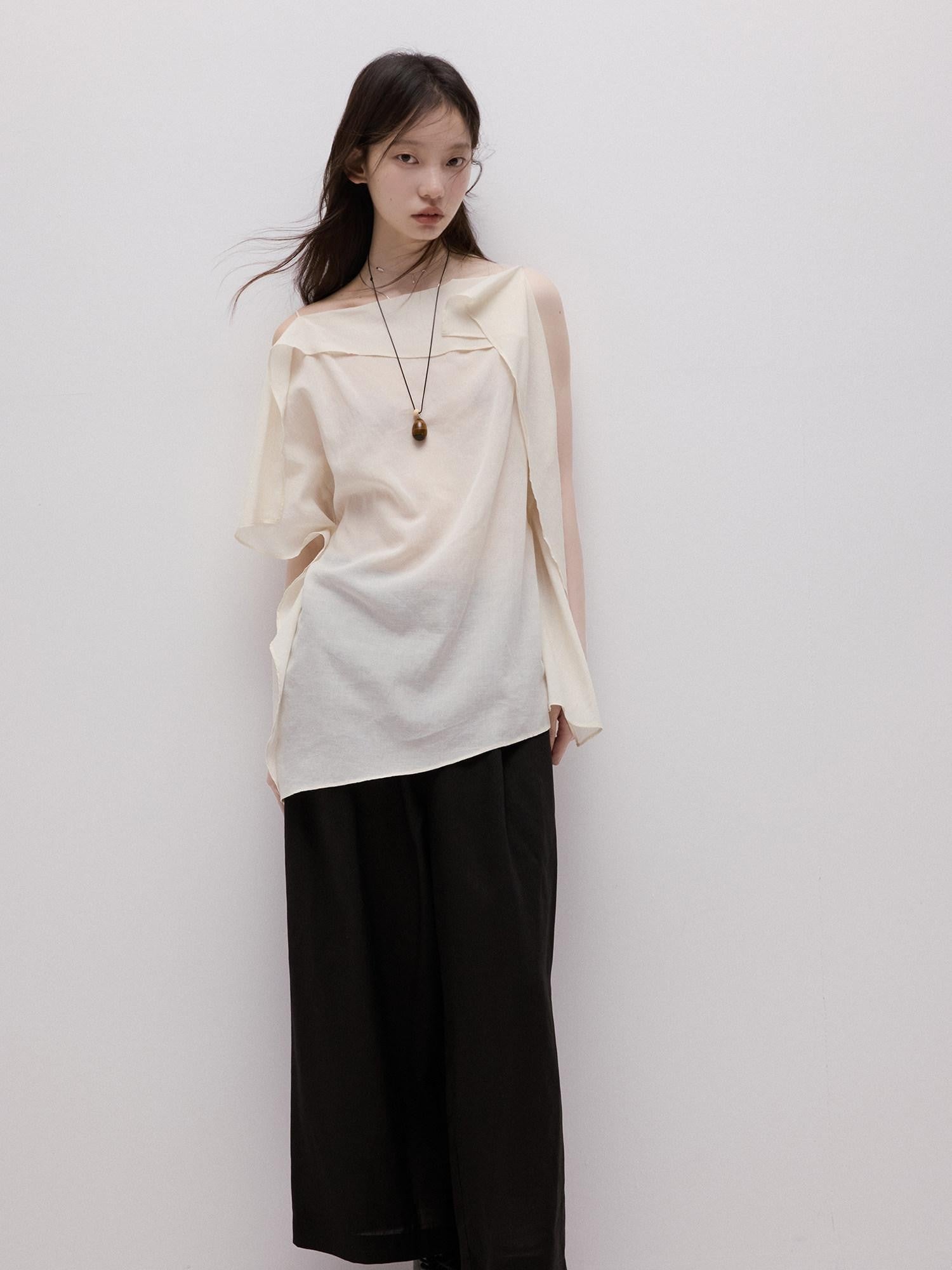FUSSED Elegant White Asymmetrical Hem Two Panel Women&