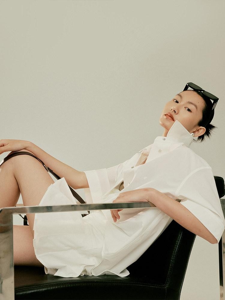 FUSSED Elegant White Oversized Turndown Collar Short Sleeve Women&