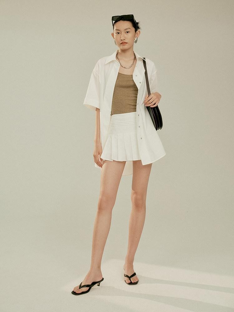 FUSSED Elegant White Oversized Turndown Collar Short Sleeve Women&