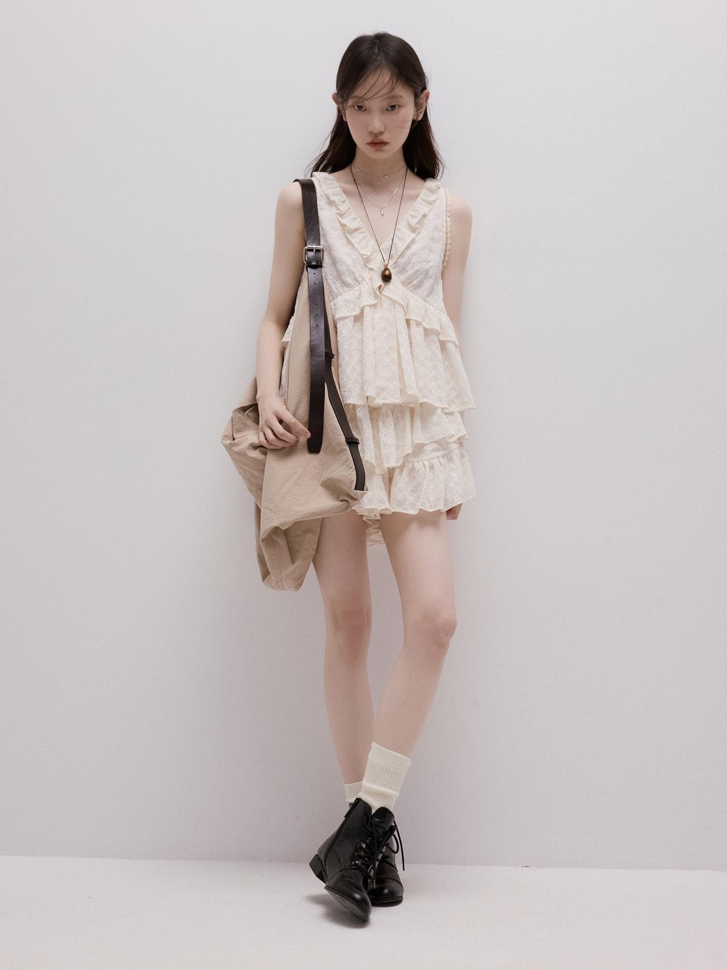 FUSSED Embossed Daisy Embroidery Layered V-neck A Line Women&