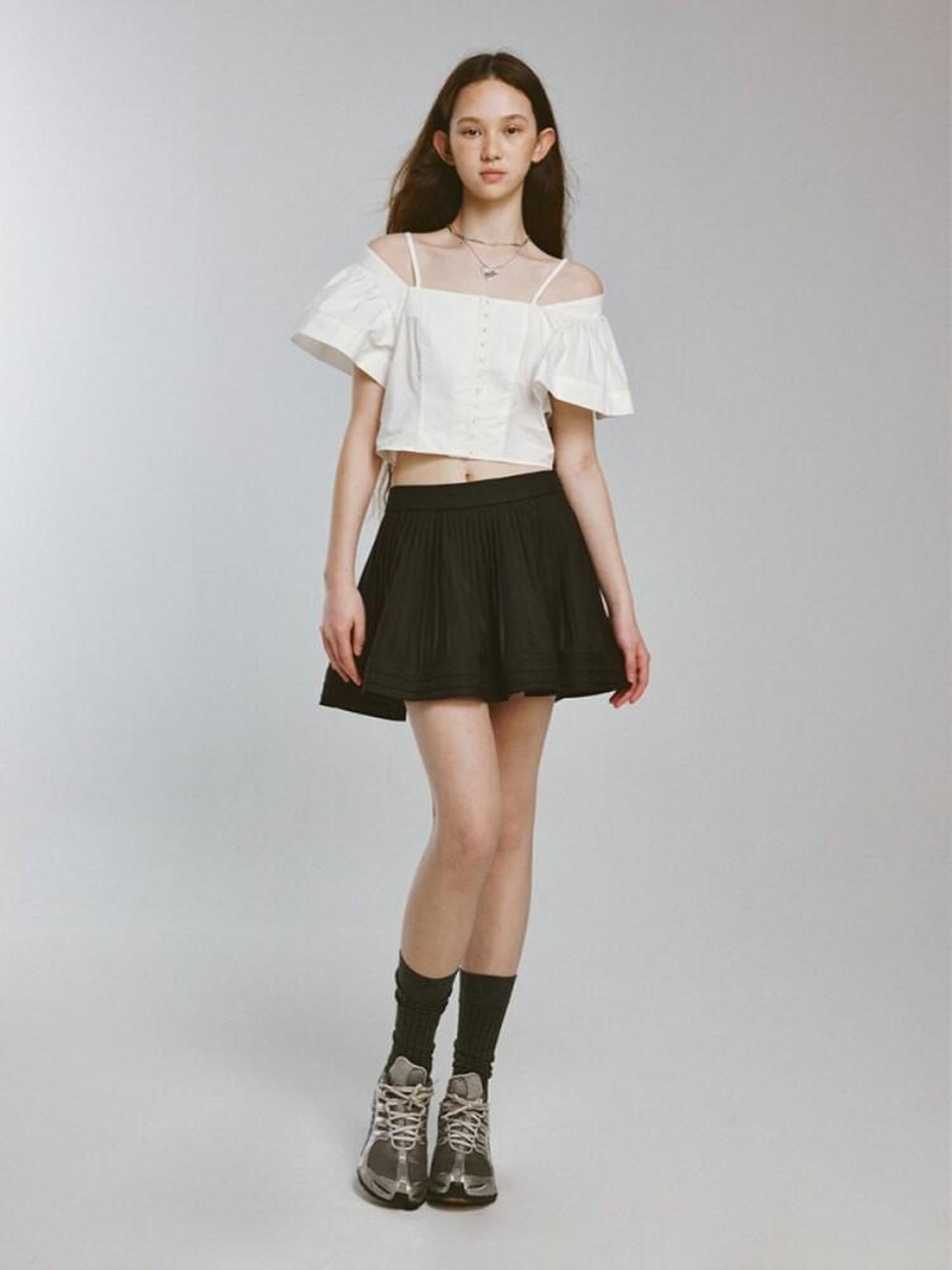 FUSSED Embossed Heavy Pleated Splice Square Neck Women&
