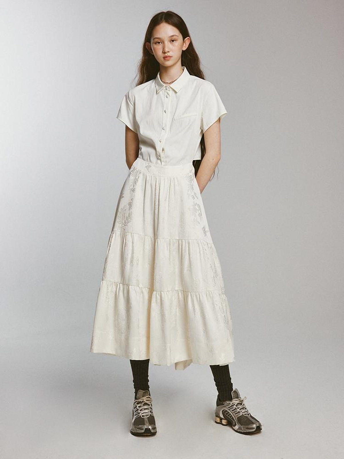 FUSSED Embossed Jacquard Patchwork Shirt Tie Waist Women&