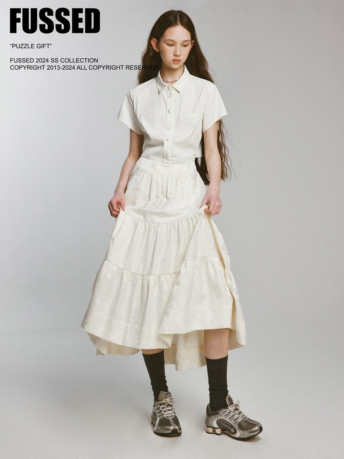 FUSSED Embossed Jacquard Patchwork Shirt Tie Waist Women&