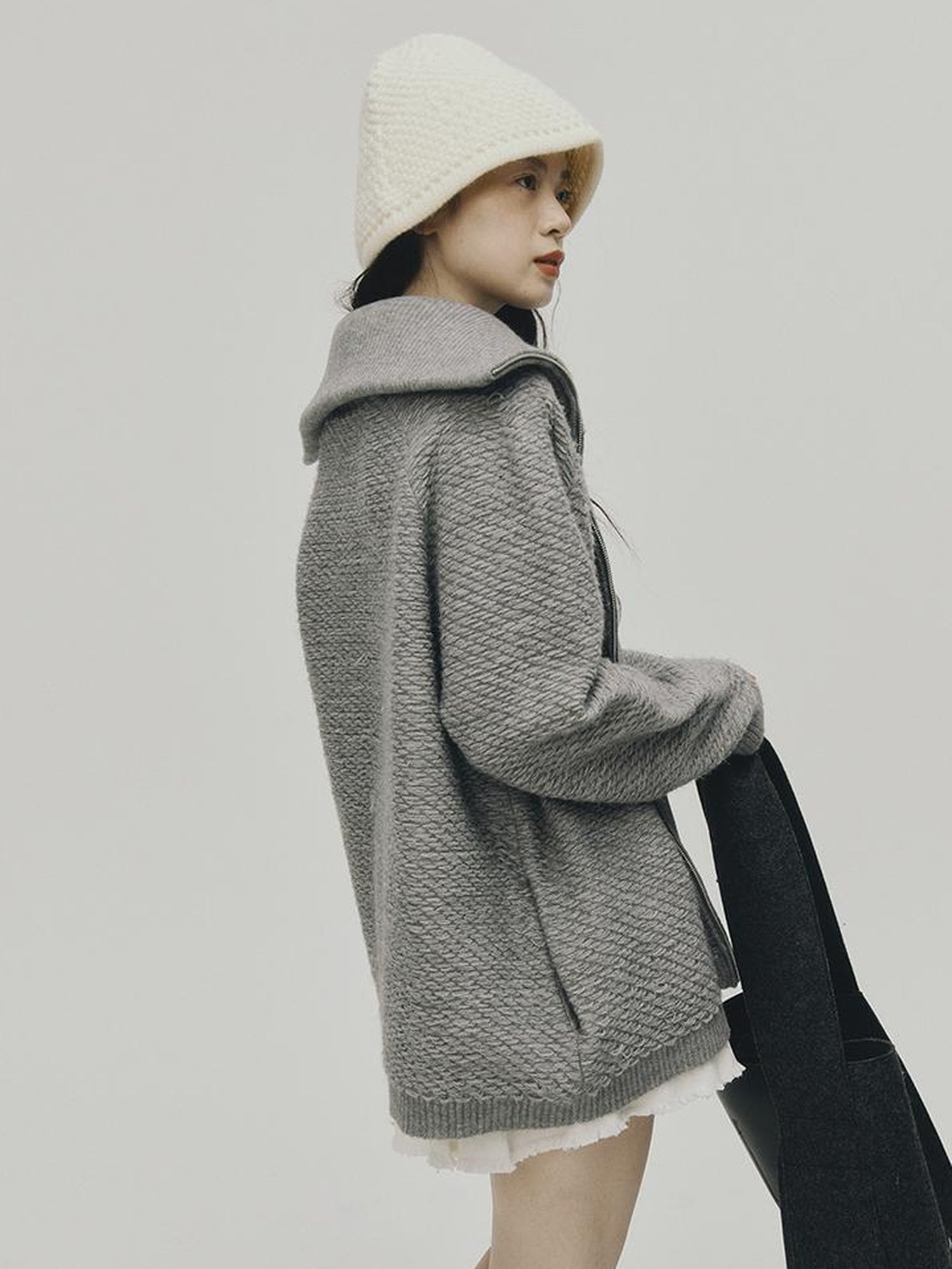 FUSSED Embrace Wool Heavy Gauge Smoky Grey Funnel Neck Cardigan Coat