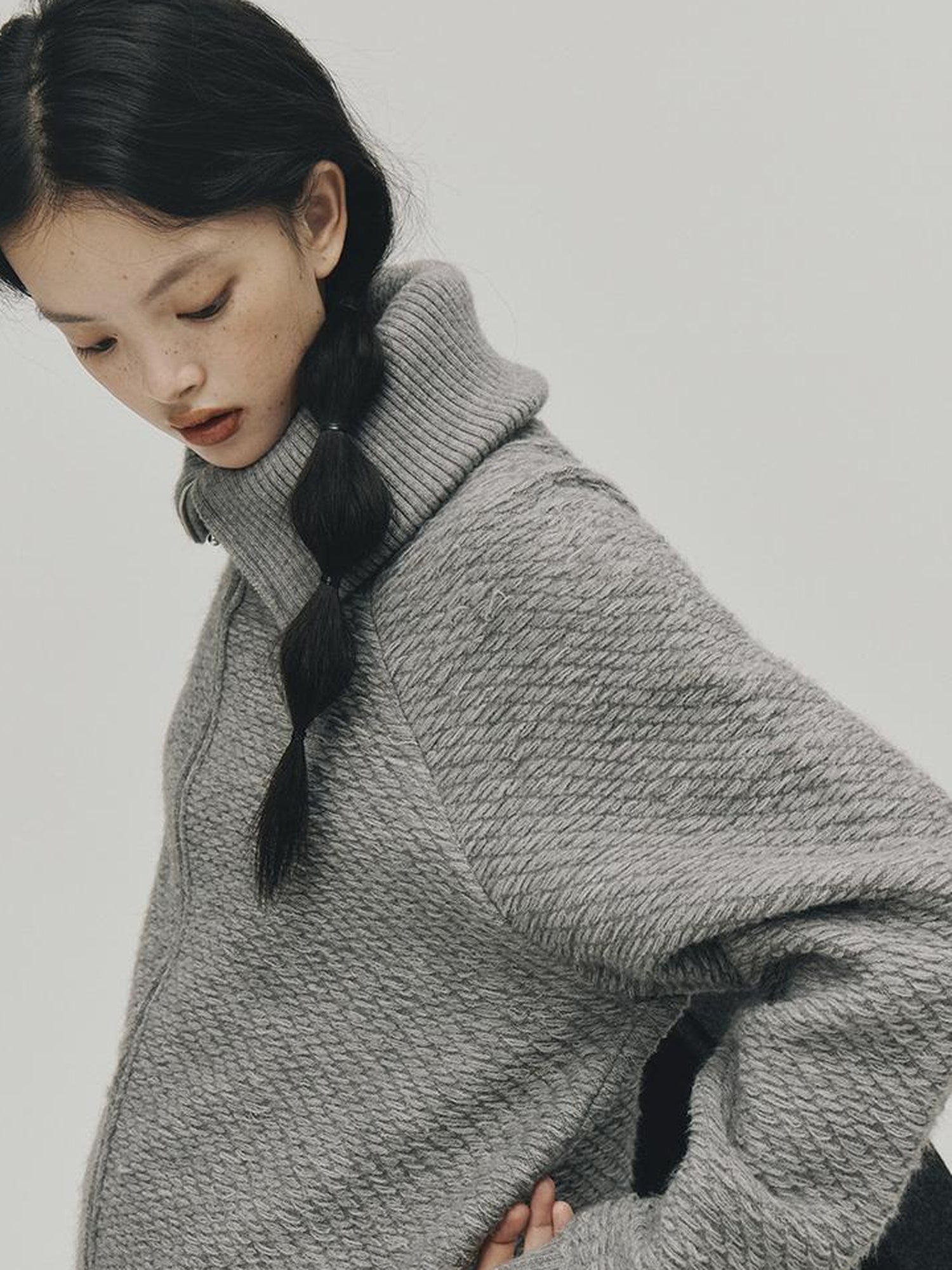 FUSSED Embrace Wool Heavy Gauge Smoky Grey Funnel Neck Cardigan Coat