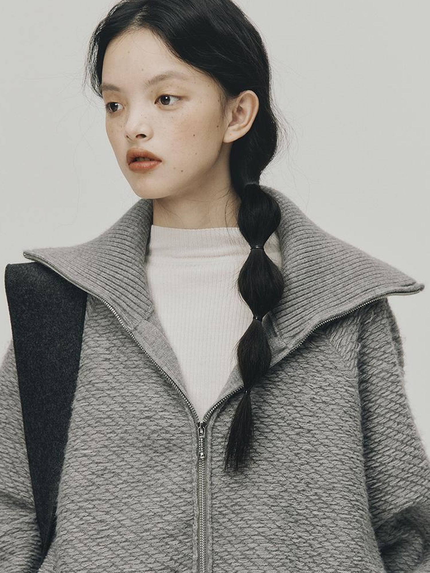 FUSSED Embrace Wool Heavy Gauge Smoky Grey Funnel Neck Cardigan Coat