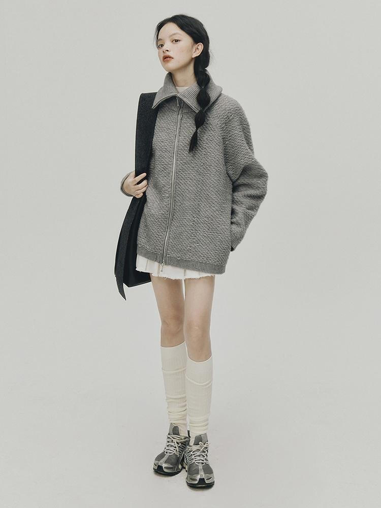 FUSSED Embrace Wool Heavy Gauge Smoky Grey Funnel Neck Cardigan Coat