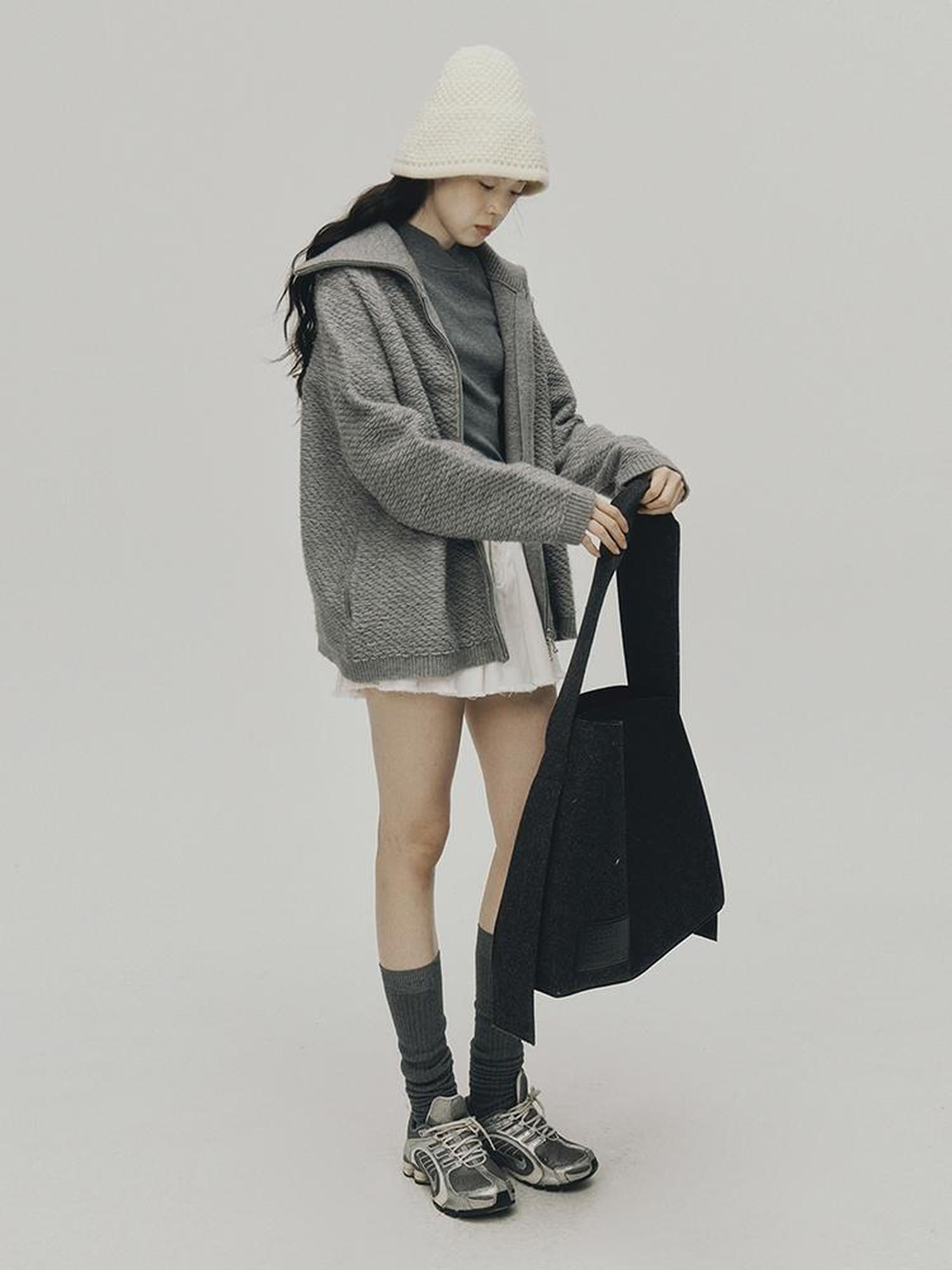 FUSSED Embrace Wool Heavy Gauge Smoky Grey Funnel Neck Cardigan Coat