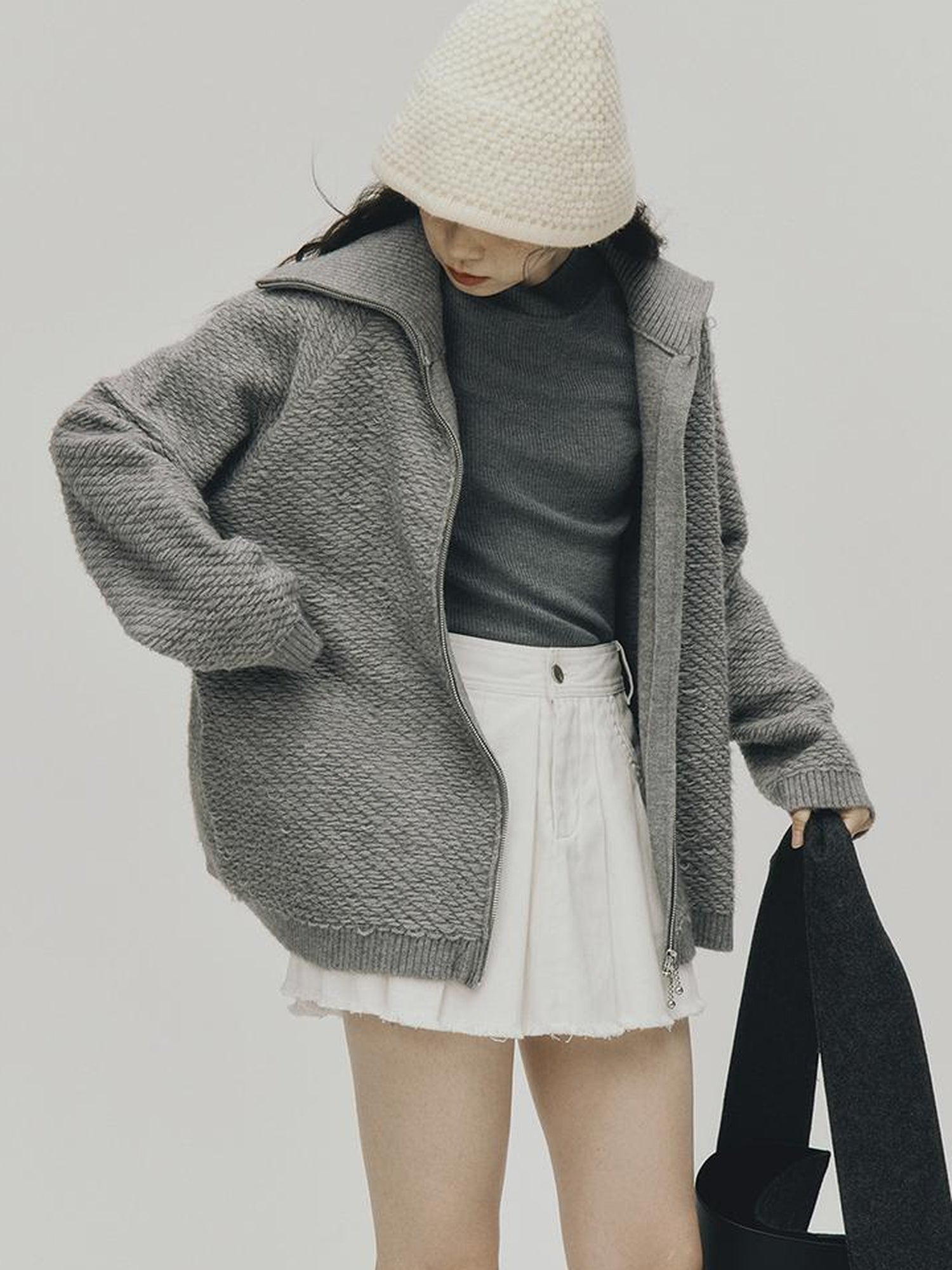 FUSSED Embrace Wool Heavy Gauge Smoky Grey Funnel Neck Cardigan Coat