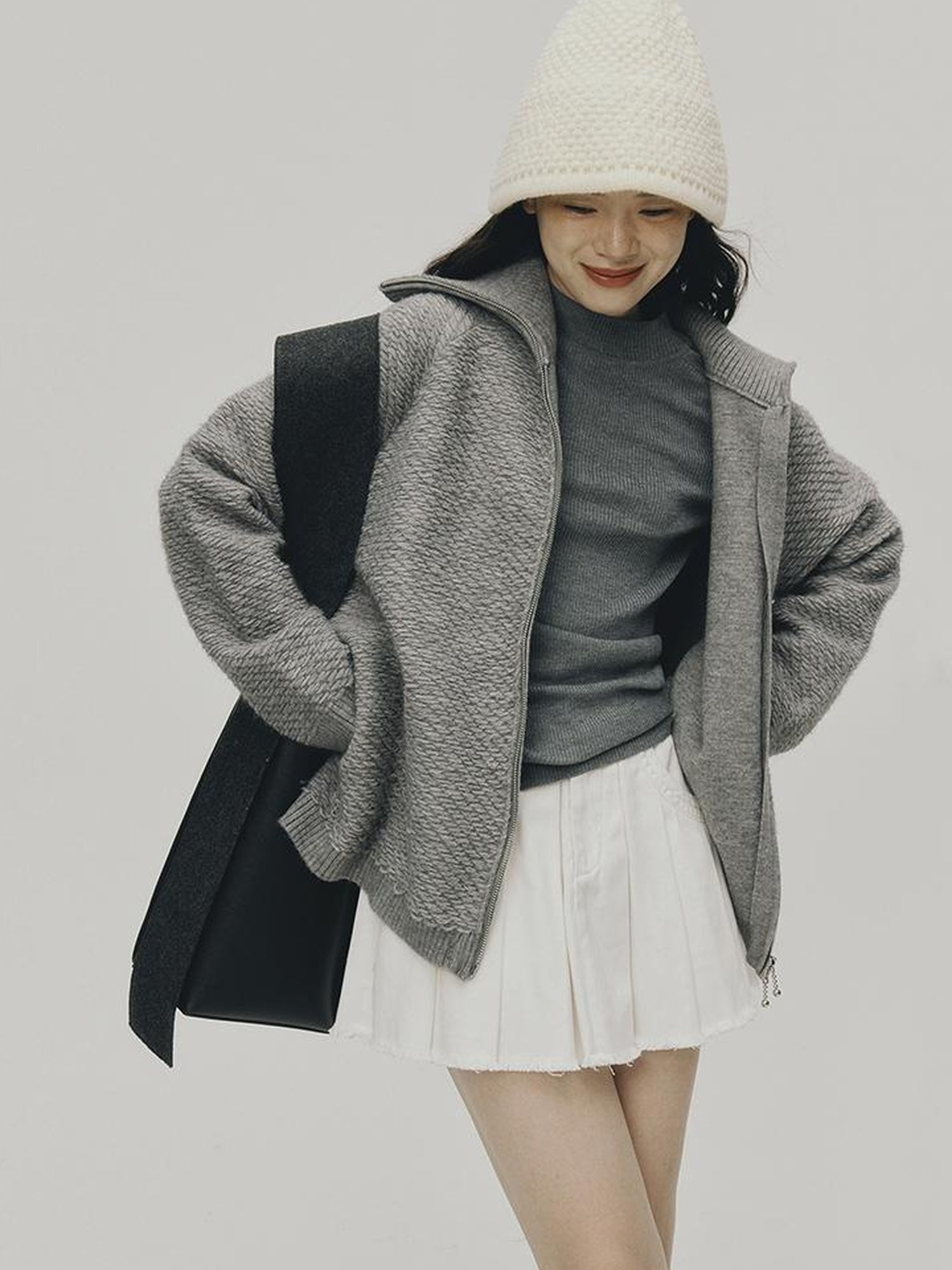 FUSSED Embrace Wool Heavy Gauge Smoky Grey Funnel Neck Cardigan Coat
