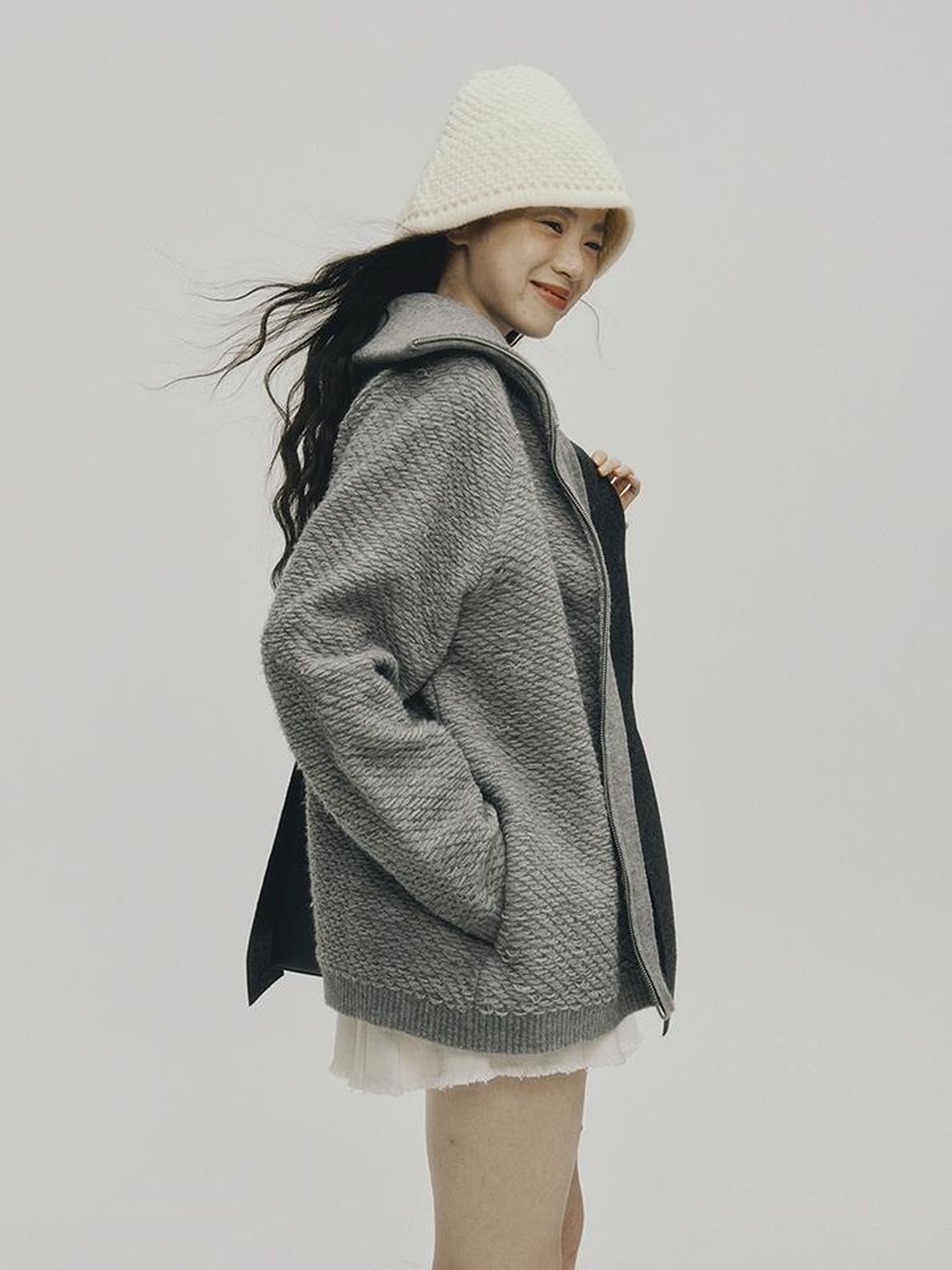 FUSSED Embrace Wool Heavy Gauge Smoky Grey Funnel Neck Cardigan Coat
