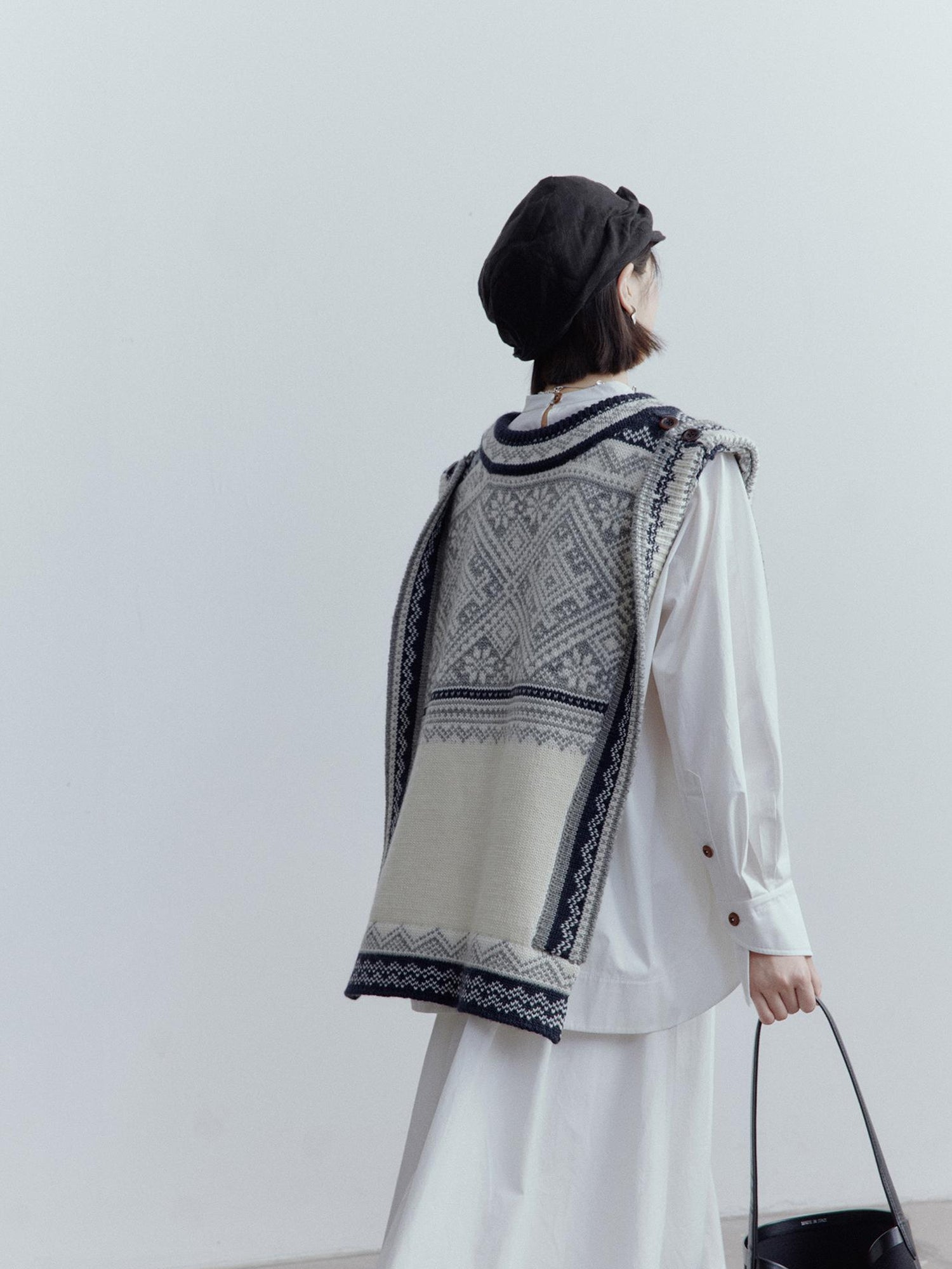 FUSSED Fair Isle Wool Vest Blue Grey Vintage Pattern Multi Way Wear V Neck T Shirt Long Sleeve
