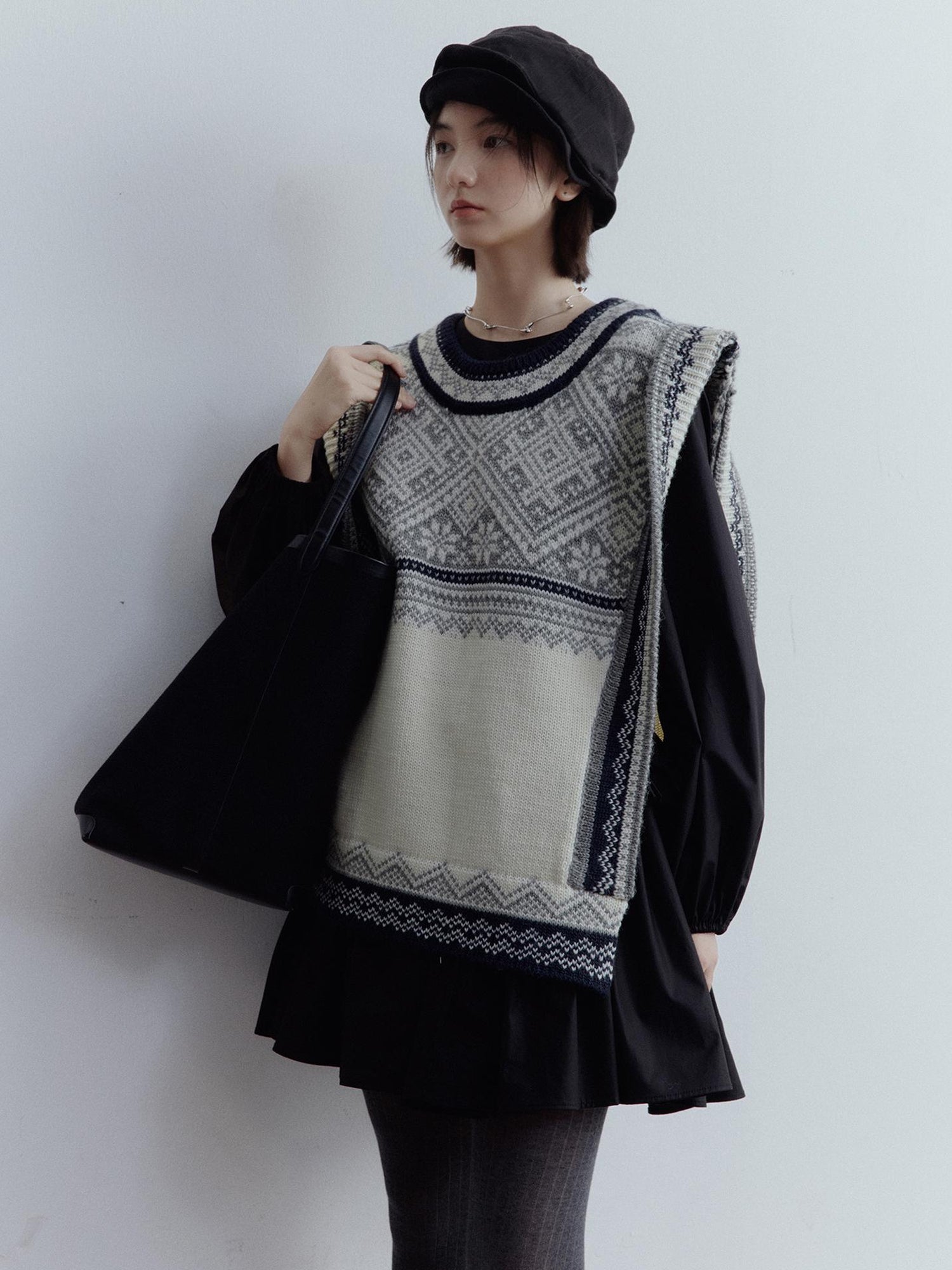 FUSSED Fair Isle Wool Vest Blue Grey Vintage Pattern Multi Way Wear V Neck T Shirt Long Sleeve