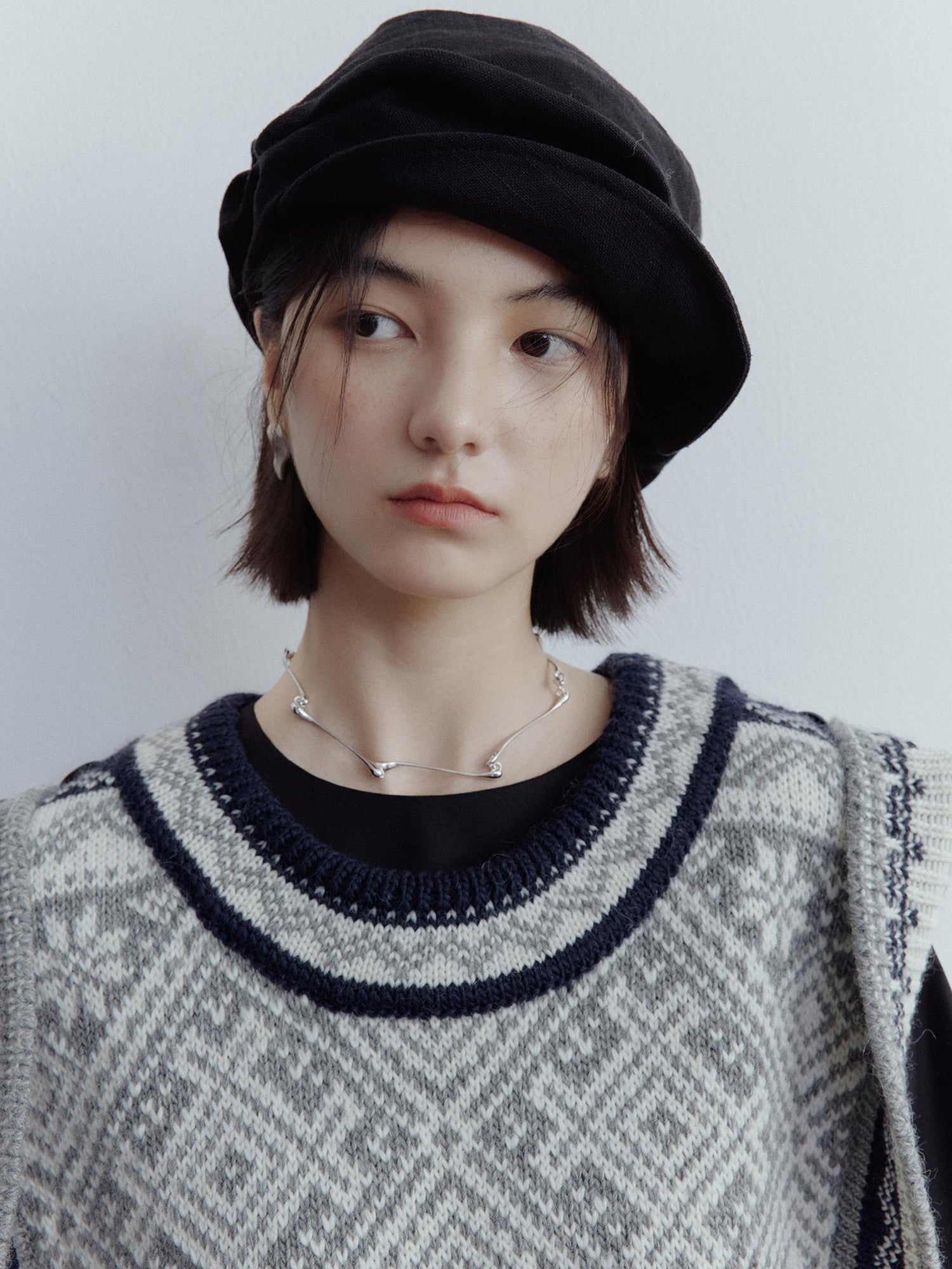 FUSSED Fair Isle Wool Vest Blue Grey Vintage Pattern Multi Way Wear V Neck T Shirt Long Sleeve