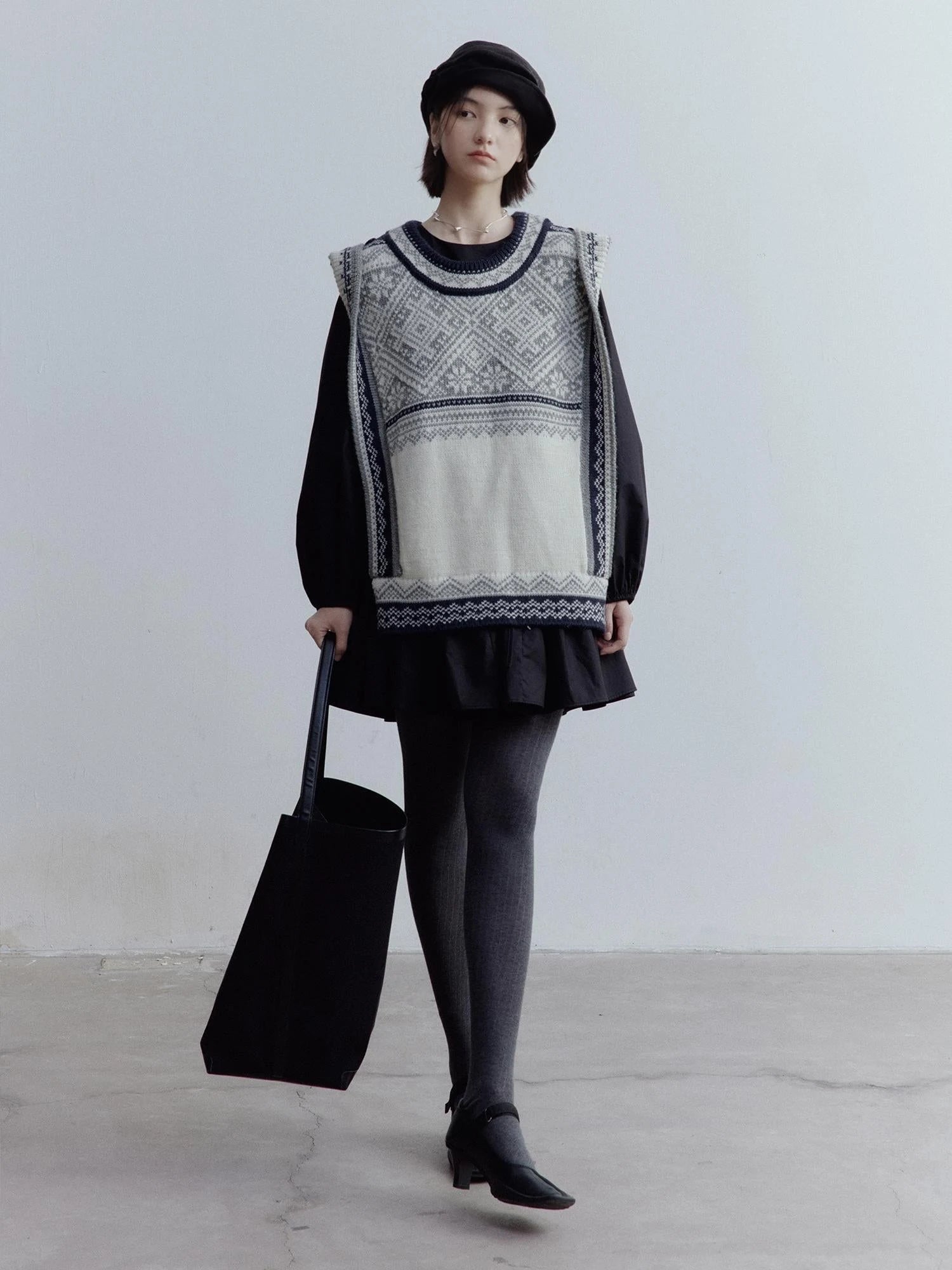 Fair Isle Wool Vest Blue Grey Vintage Pattern Multi Way Wear V-neck T-shirt Long Sleeve
