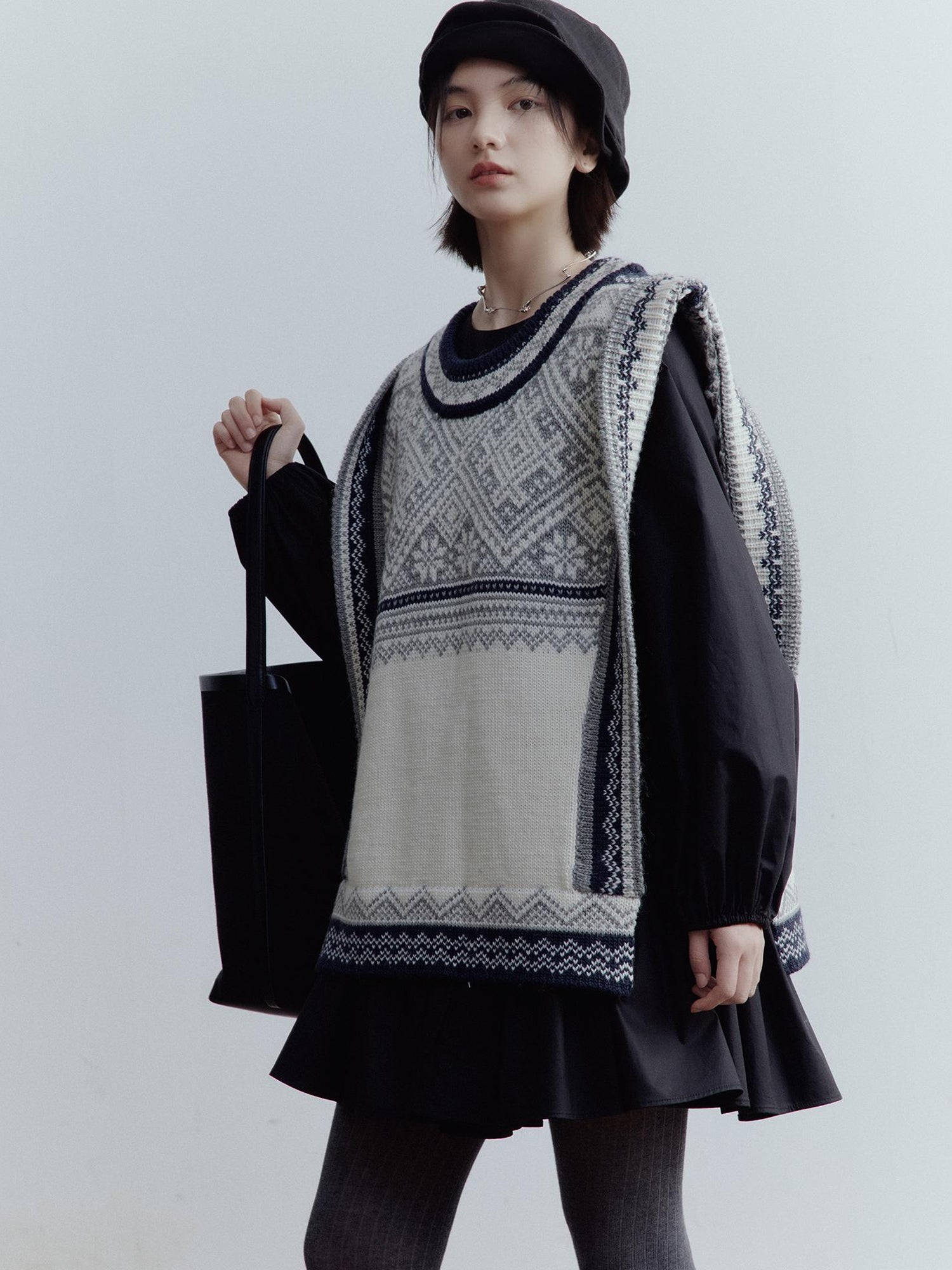 FUSSED Fair Isle Wool Vest Blue Grey Vintage Pattern Multi Way Wear V-neck T-shirt Long Sleeve