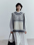 Fair Isle Wool Vest Blue Grey Vintage Pattern Multi Way Wear V-neck T-shirt Long Sleeve