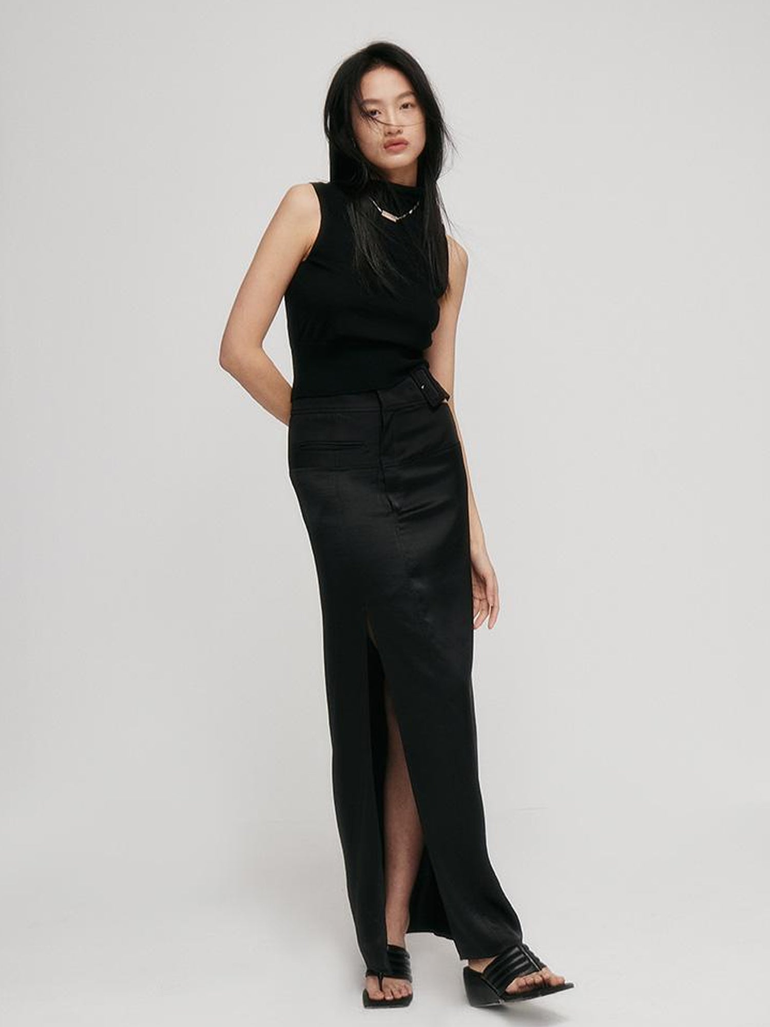 FUSSED Faux Acetate Spliced Slit Skirt In Jet Black