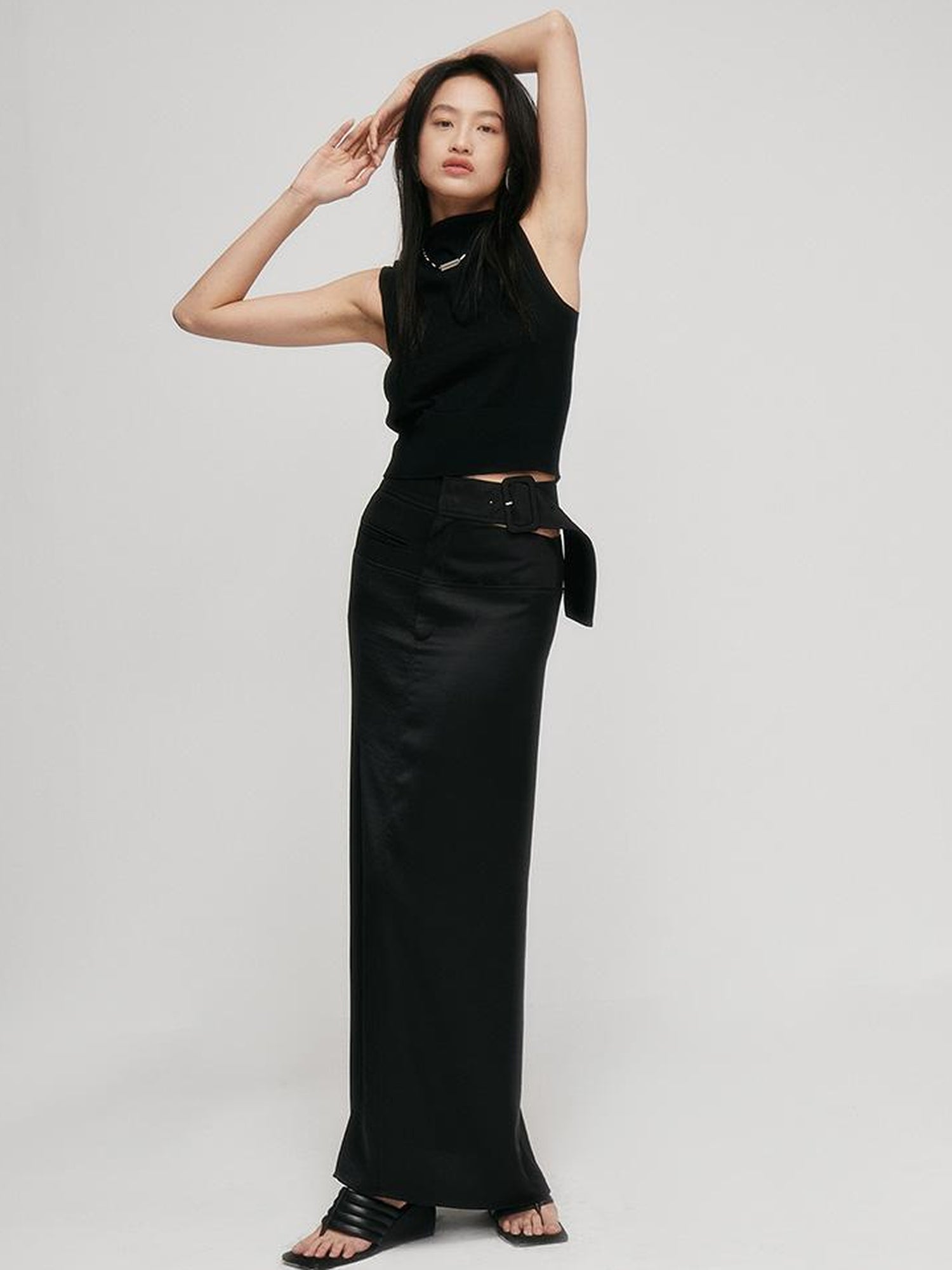 FUSSED Faux Acetate Spliced Slit Skirt In Jet Black