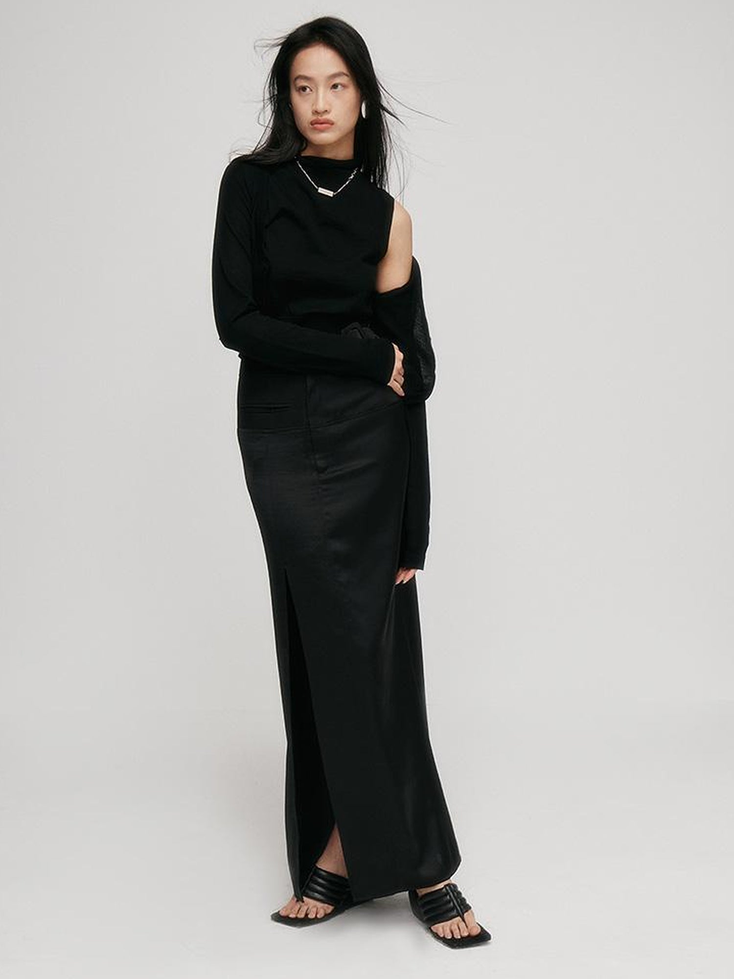 FUSSED Faux Acetate Spliced Slit Skirt In Jet Black