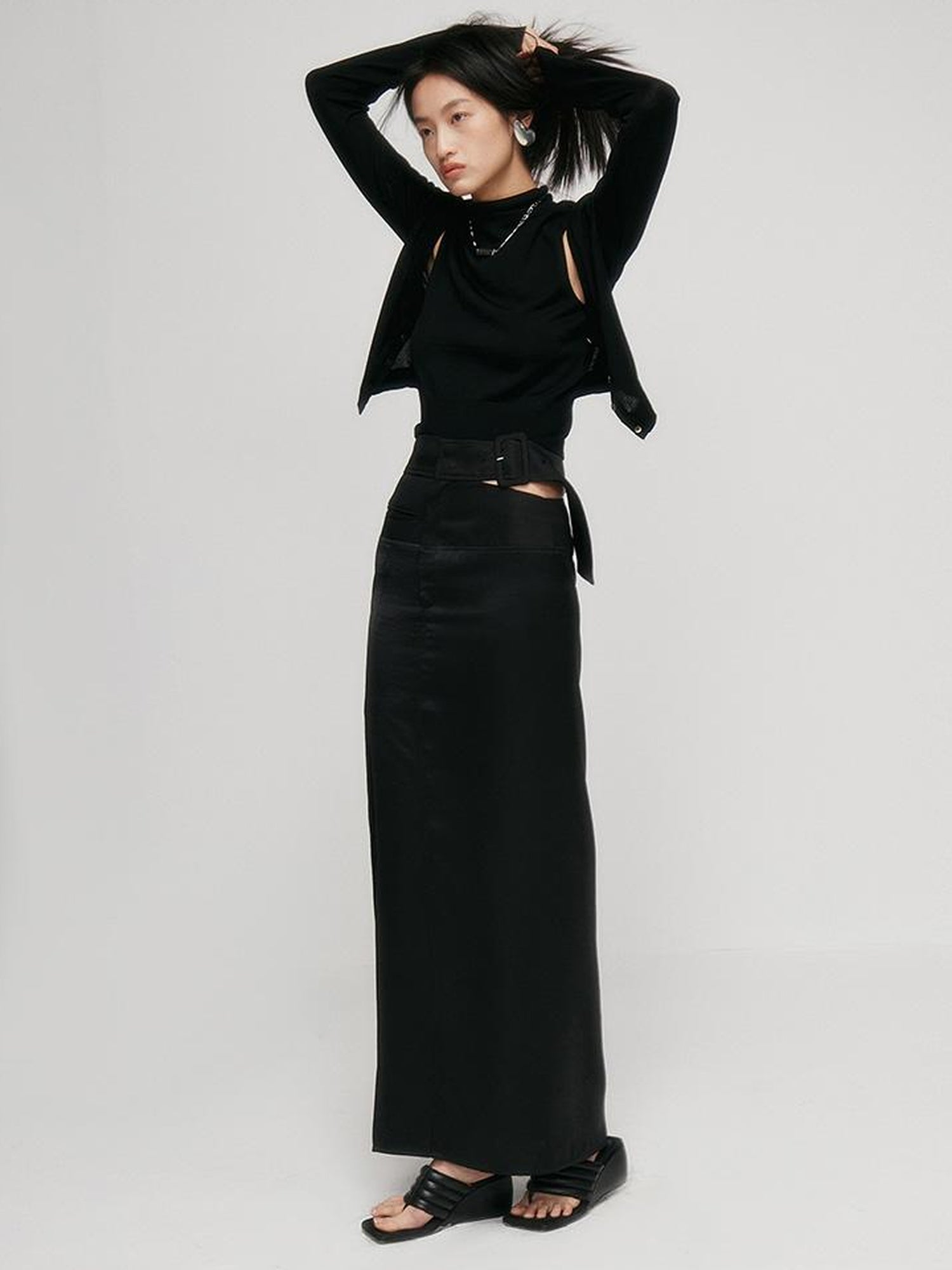FUSSED Faux Acetate Spliced Slit Skirt In Jet Black