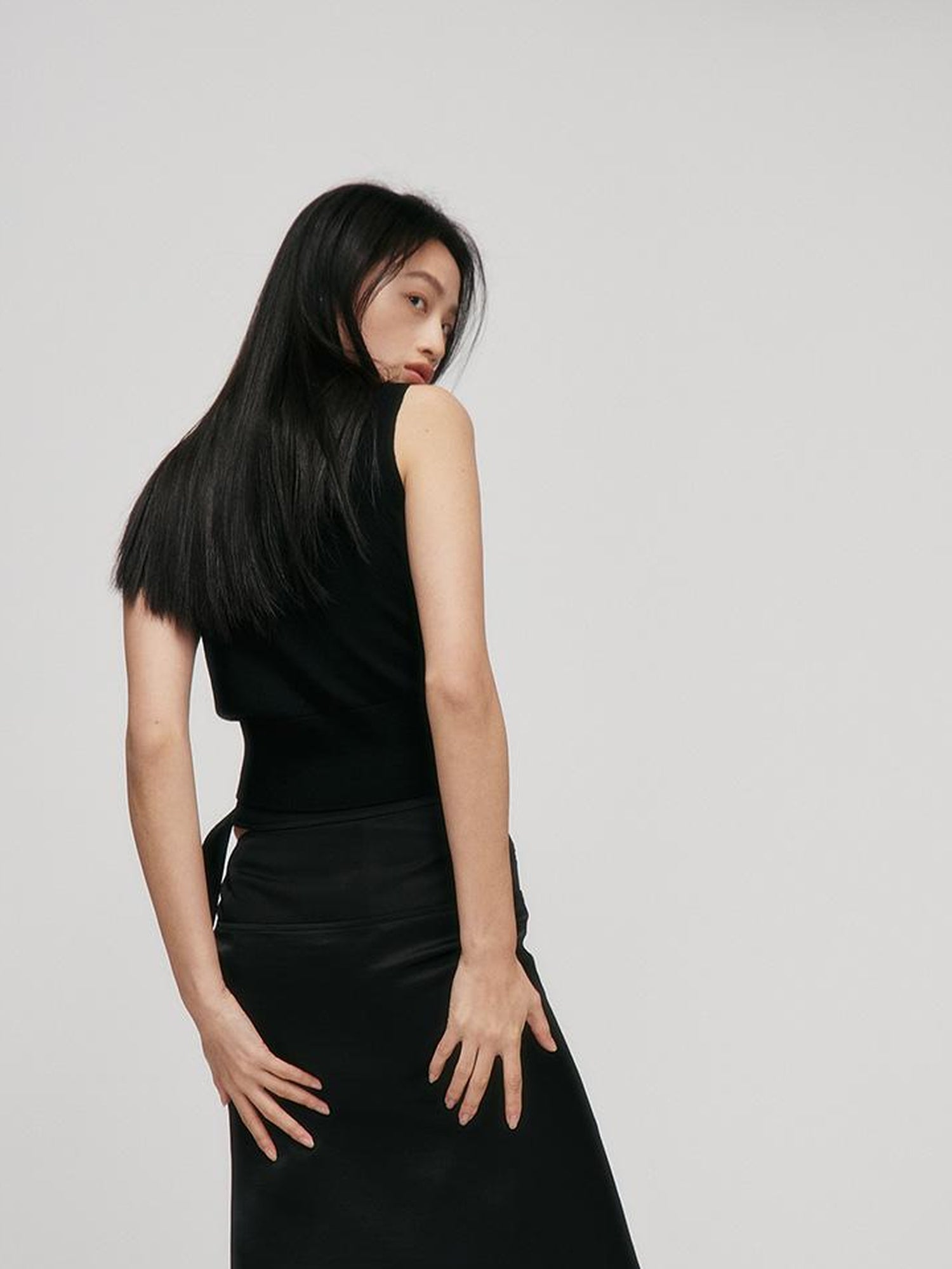 FUSSED Faux Acetate Spliced Slit Skirt In Jet Black