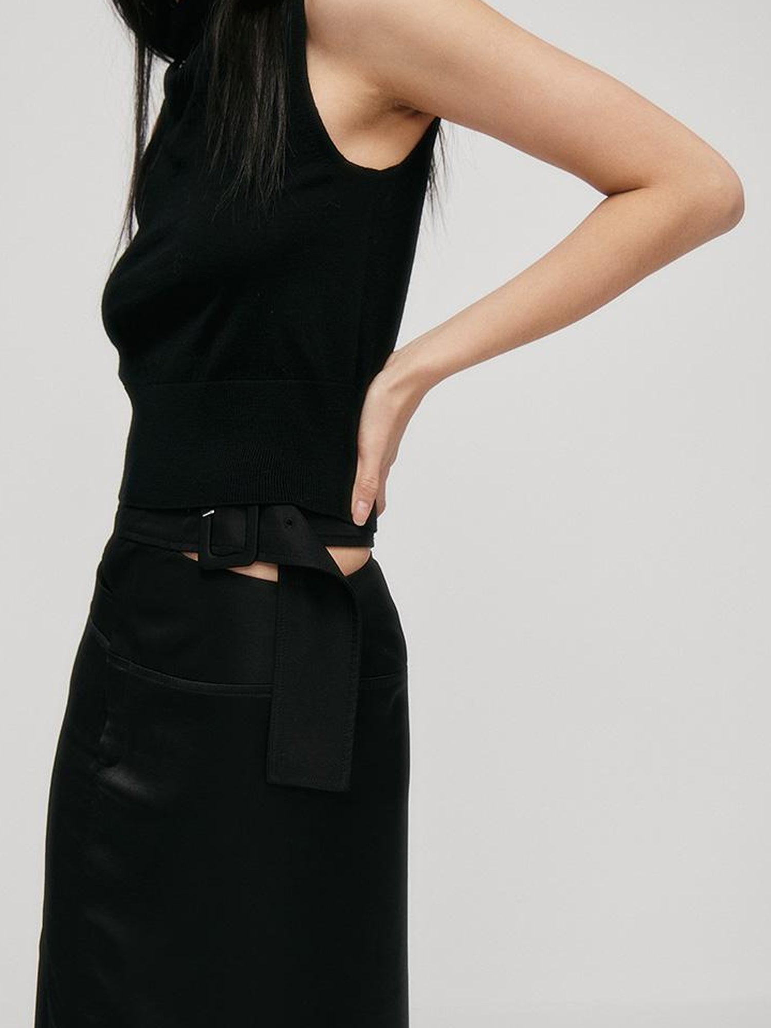 FUSSED Faux Acetate Spliced Slit Skirt In Jet Black