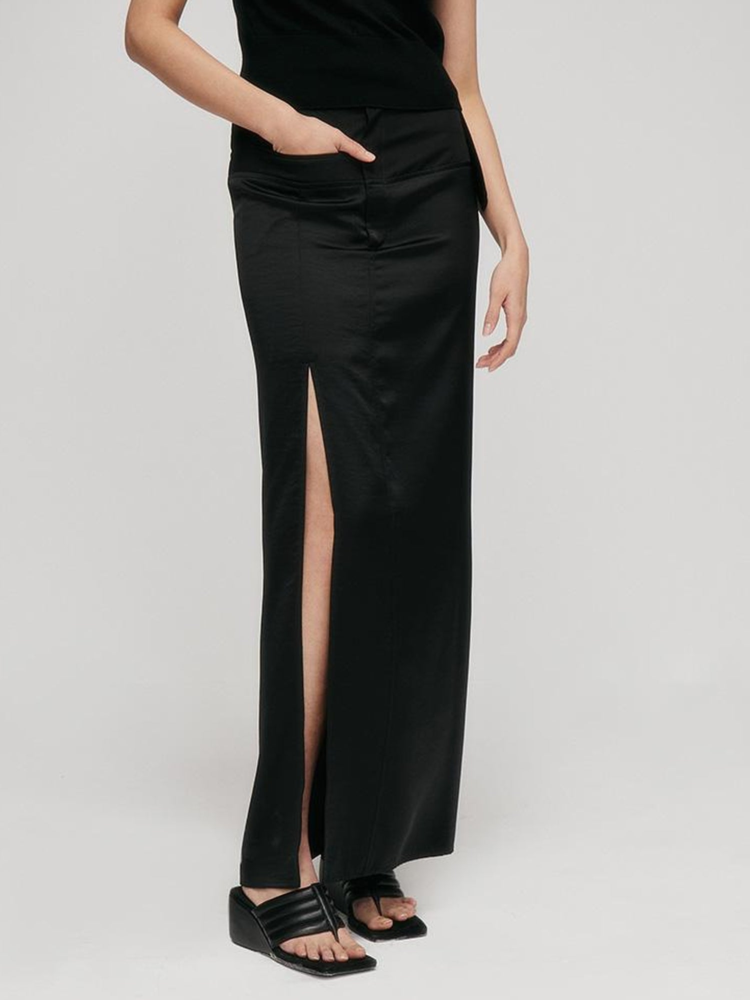 FUSSED Faux Acetate Spliced Slit Skirt In Jet Black
