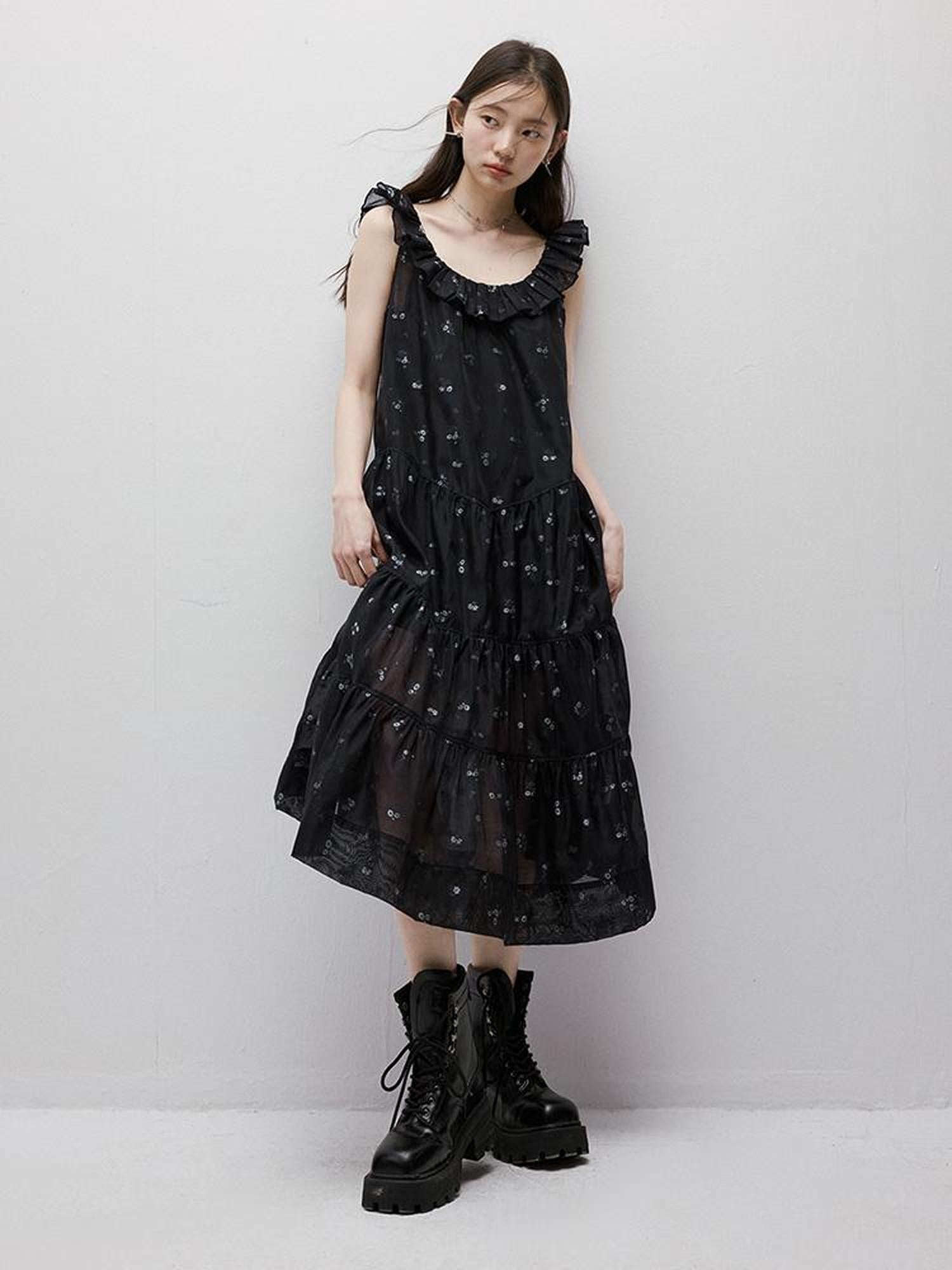 FUSSED Flora Embroidered Burnout Floral Dark Blue Maxi Dress With Ruffled Neckline