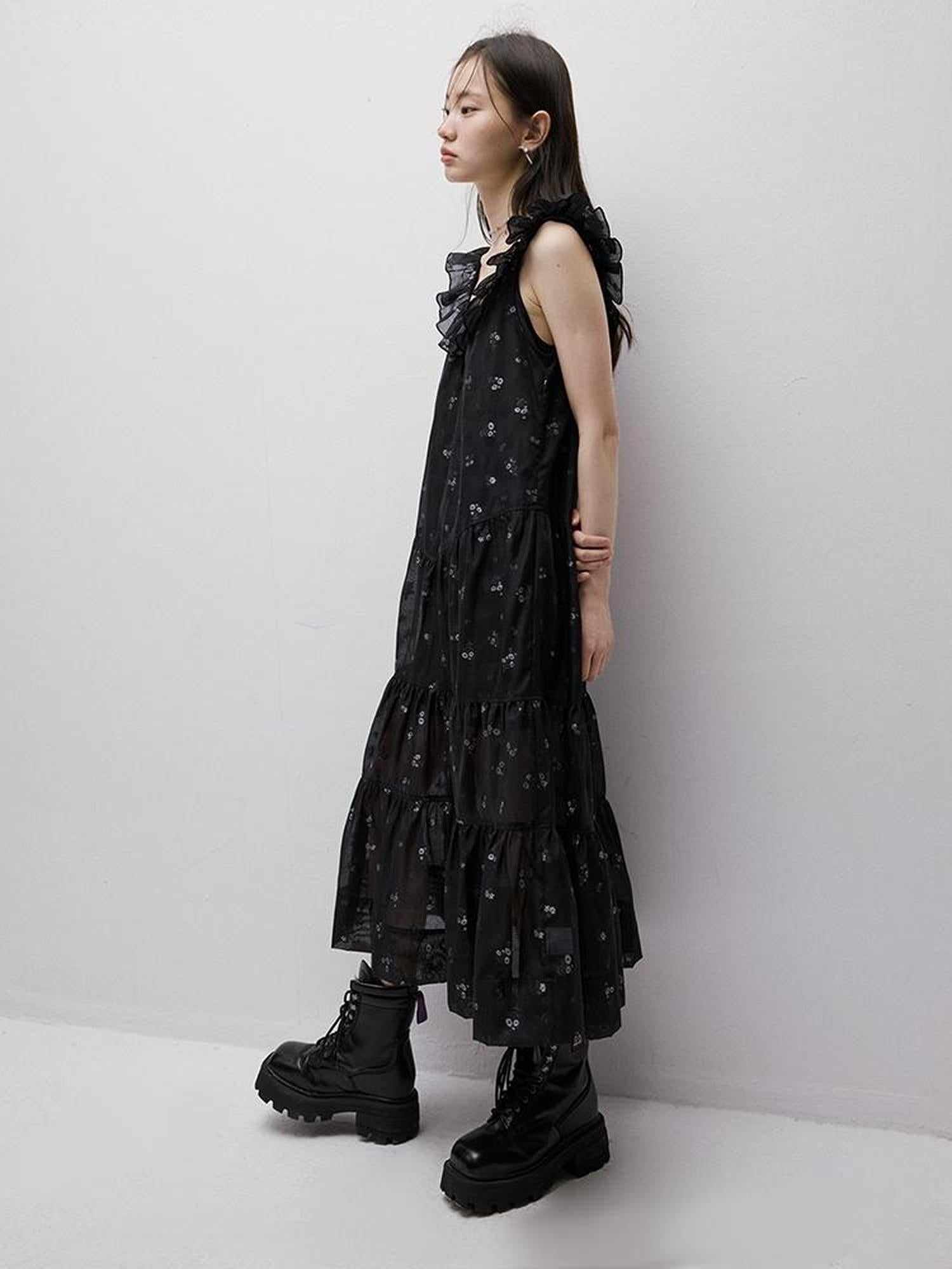 FUSSED Flora Embroidered Burnout Floral Dark Blue Maxi Dress With Ruffled Neckline