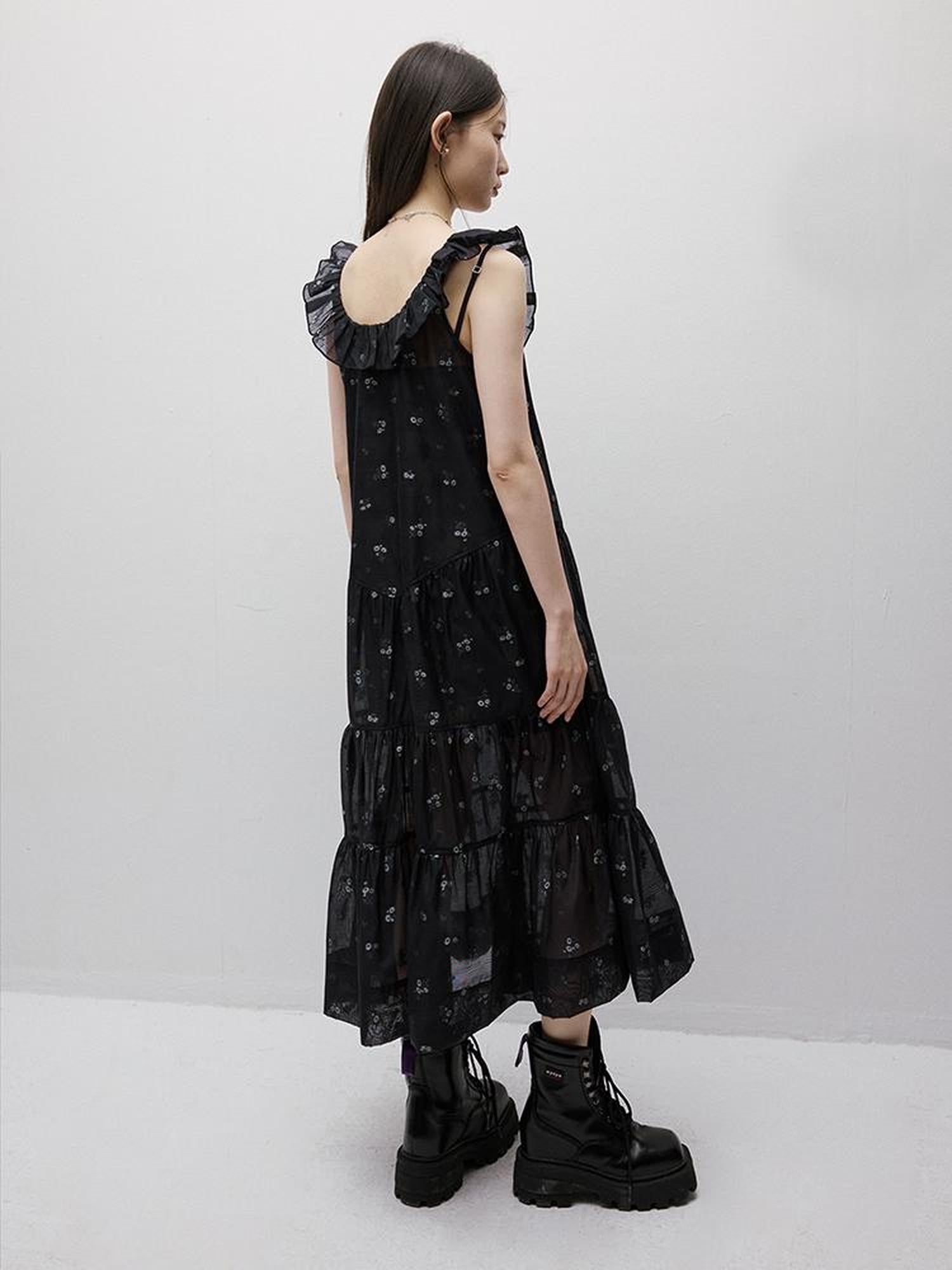 FUSSED Flora Embroidered Burnout Floral Dark Blue Maxi Dress With Ruffled Neckline