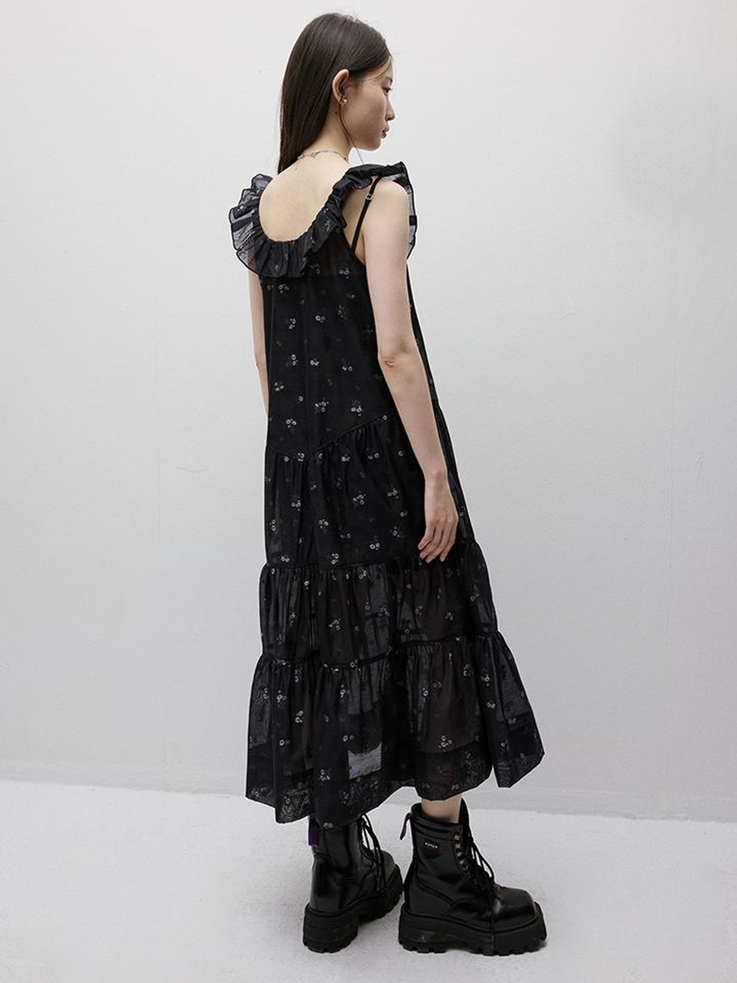 FUSSED Flora Embroidered Burnout Floral Dark Blue Maxi Dress With Ruffled Neckline