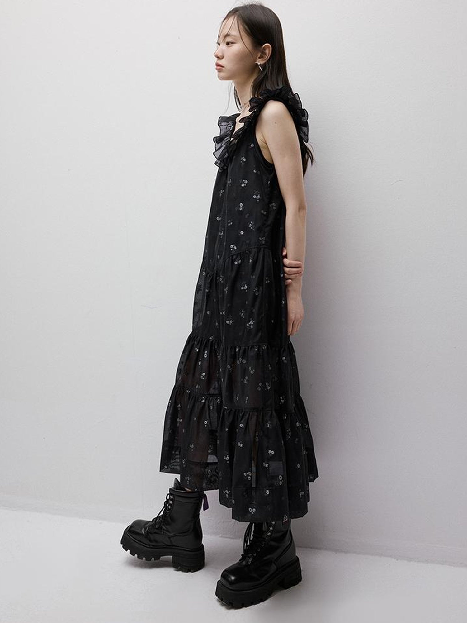 FUSSED Flora Embroidered Burnout Floral Dark Blue Maxi Dress With Ruffled Neckline