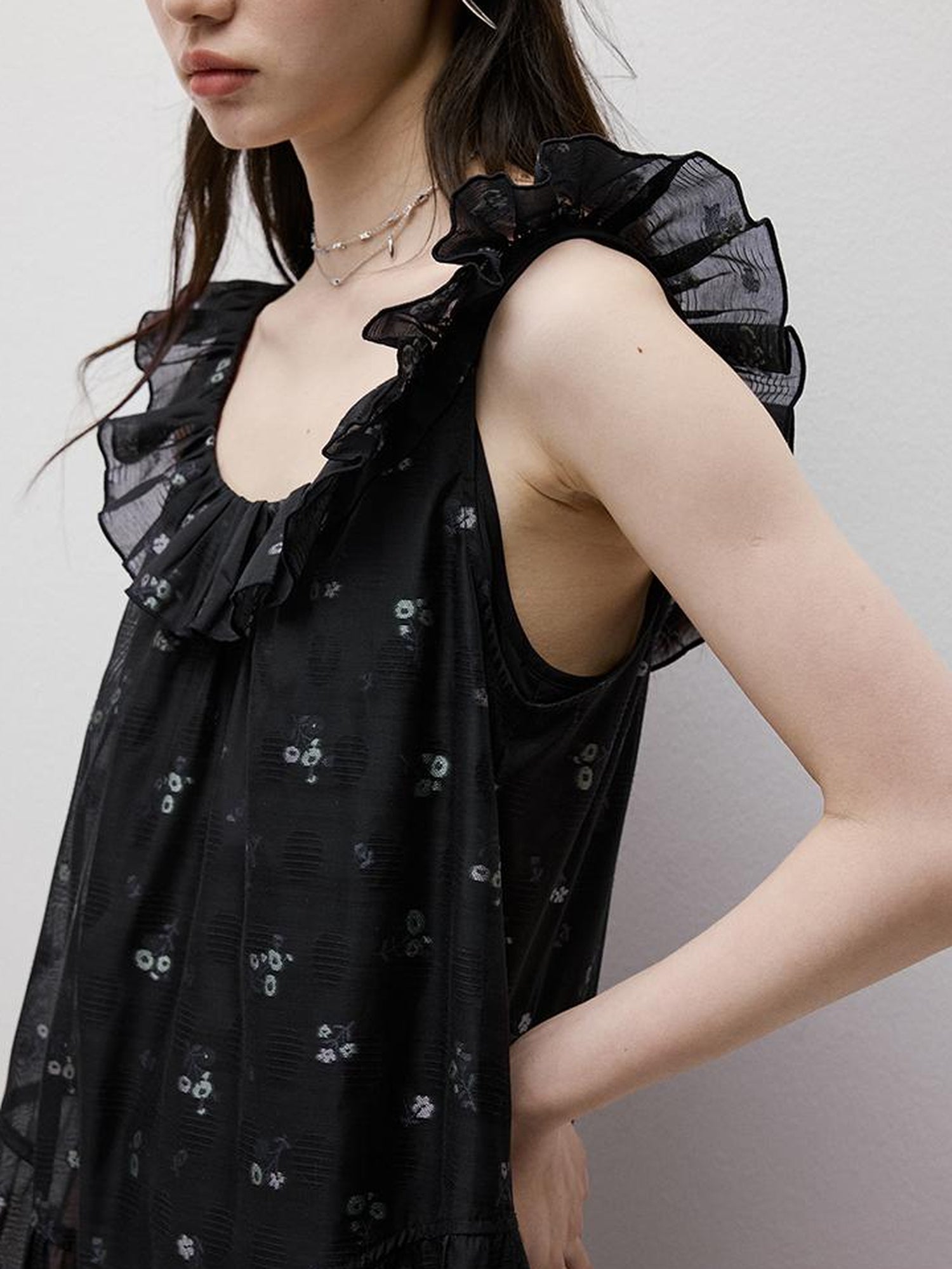 FUSSED Flora Embroidered Burnout Floral Dark Blue Maxi Dress With Ruffled Neckline