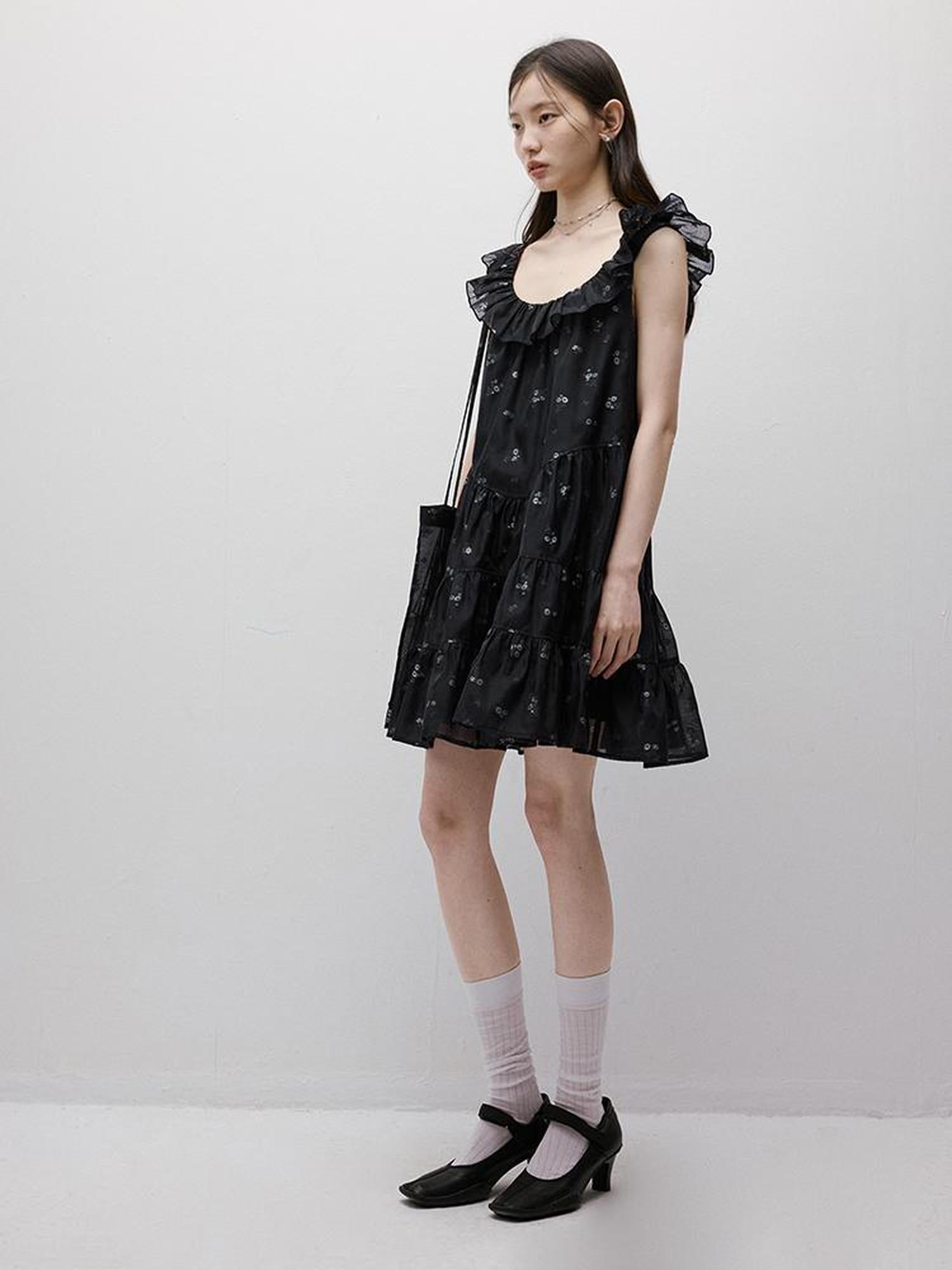 FUSSED Flora Embroidered Dark Blue Floral Mini Dress