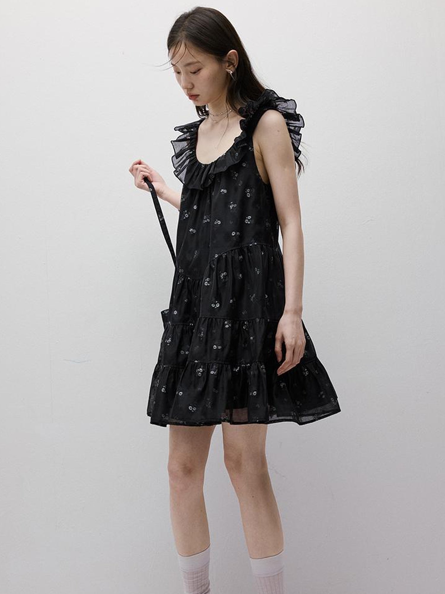 FUSSED Flora Embroidered Dark Blue Floral Mini Dress