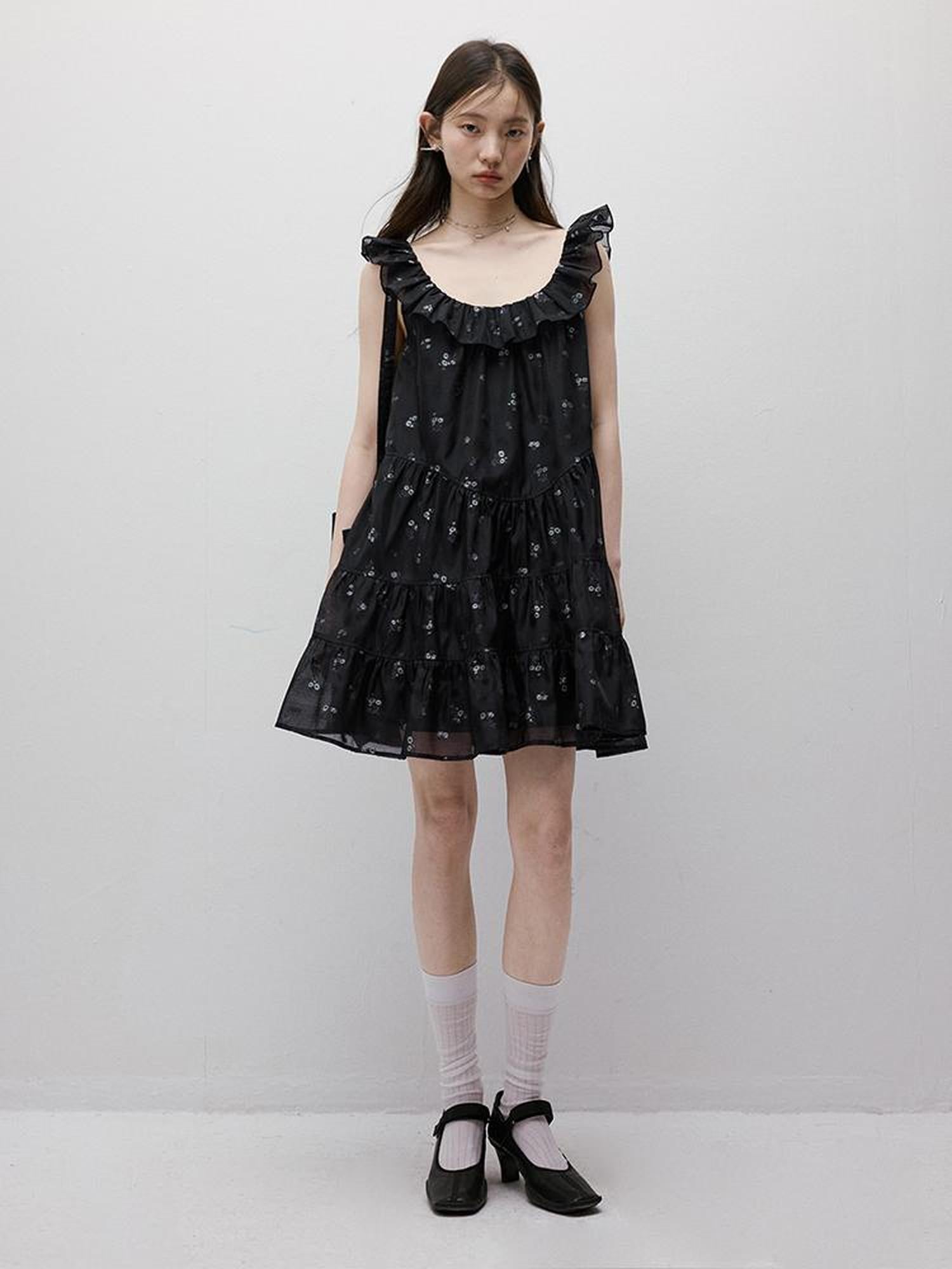 FUSSED Flora Embroidered Dark Blue Floral Mini Dress