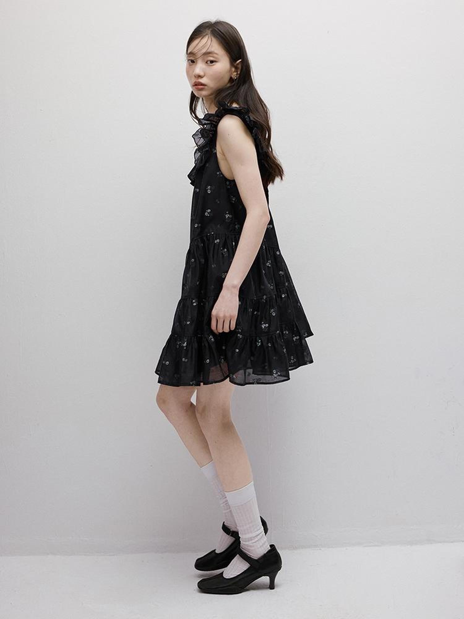 FUSSED Flora Embroidered Dark Blue Floral Mini Dress