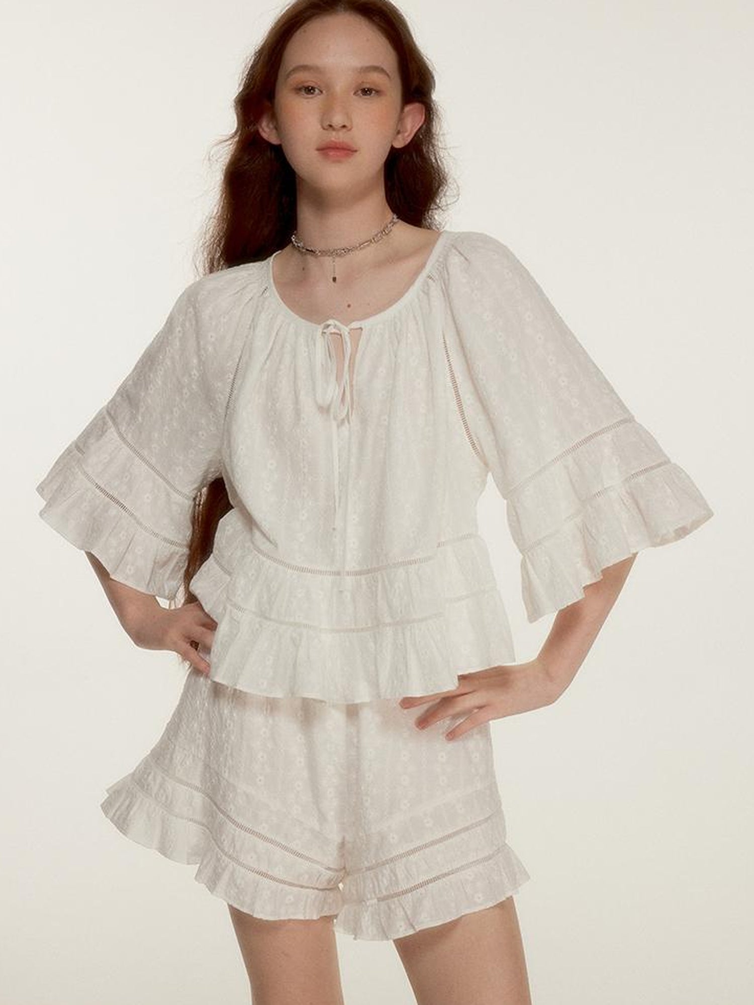 FUSSED Floral Embroidery Openwork Lace Up Crop Top Shorts Set