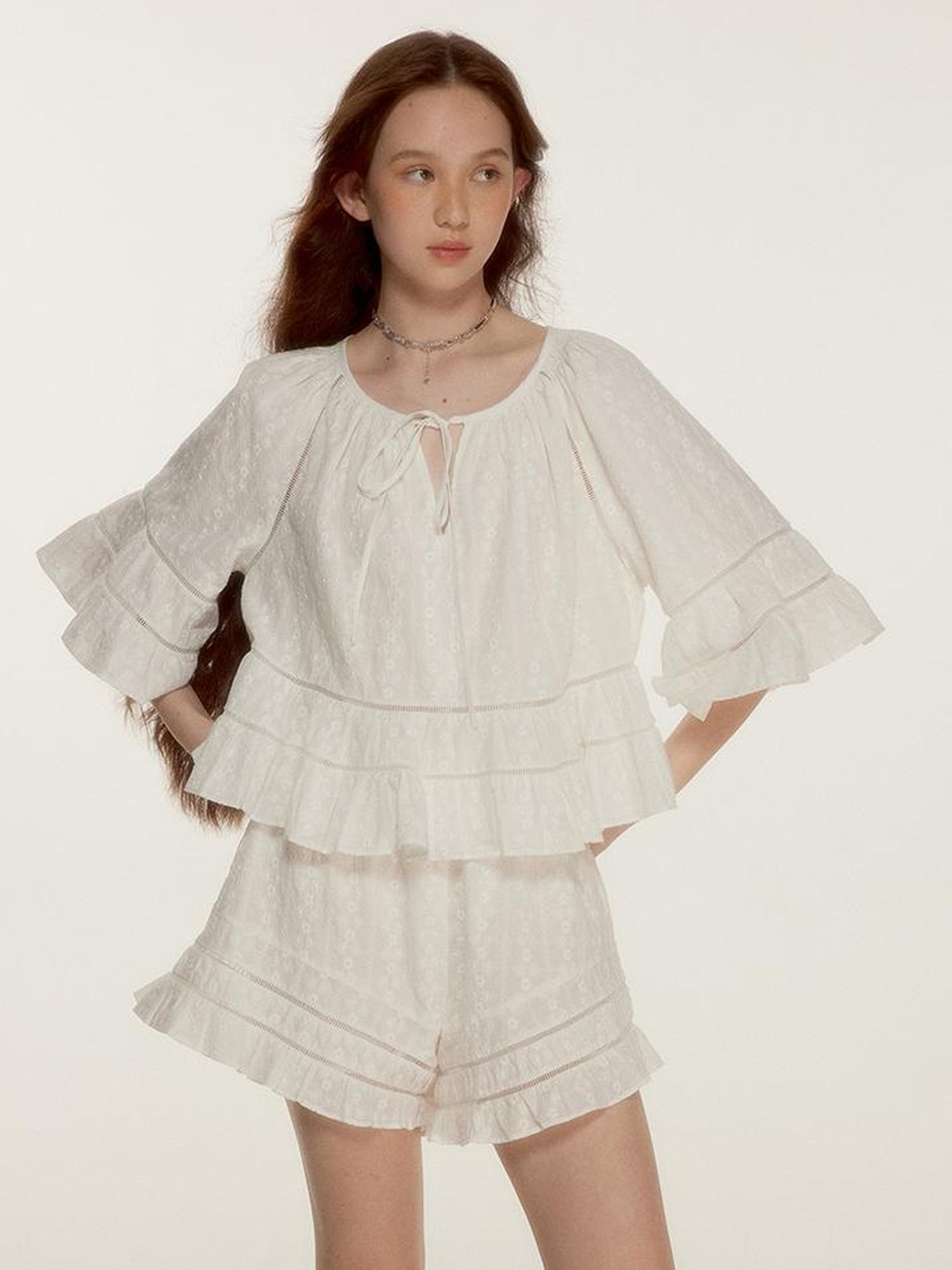 FUSSED Floral Embroidery Openwork Lace Up Crop Top Shorts Set