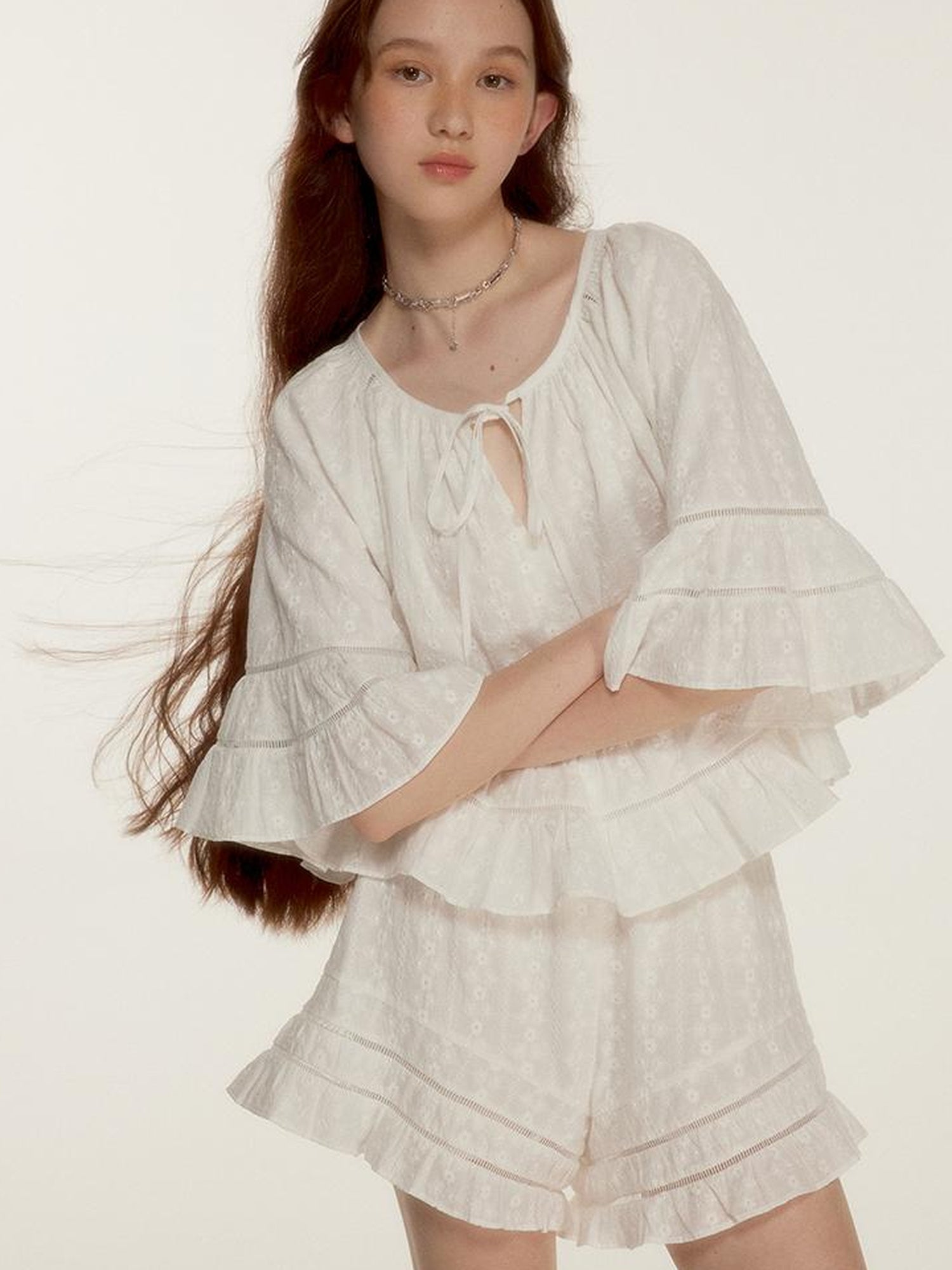 FUSSED Floral Embroidery Openwork Lace Up Crop Top Shorts Set