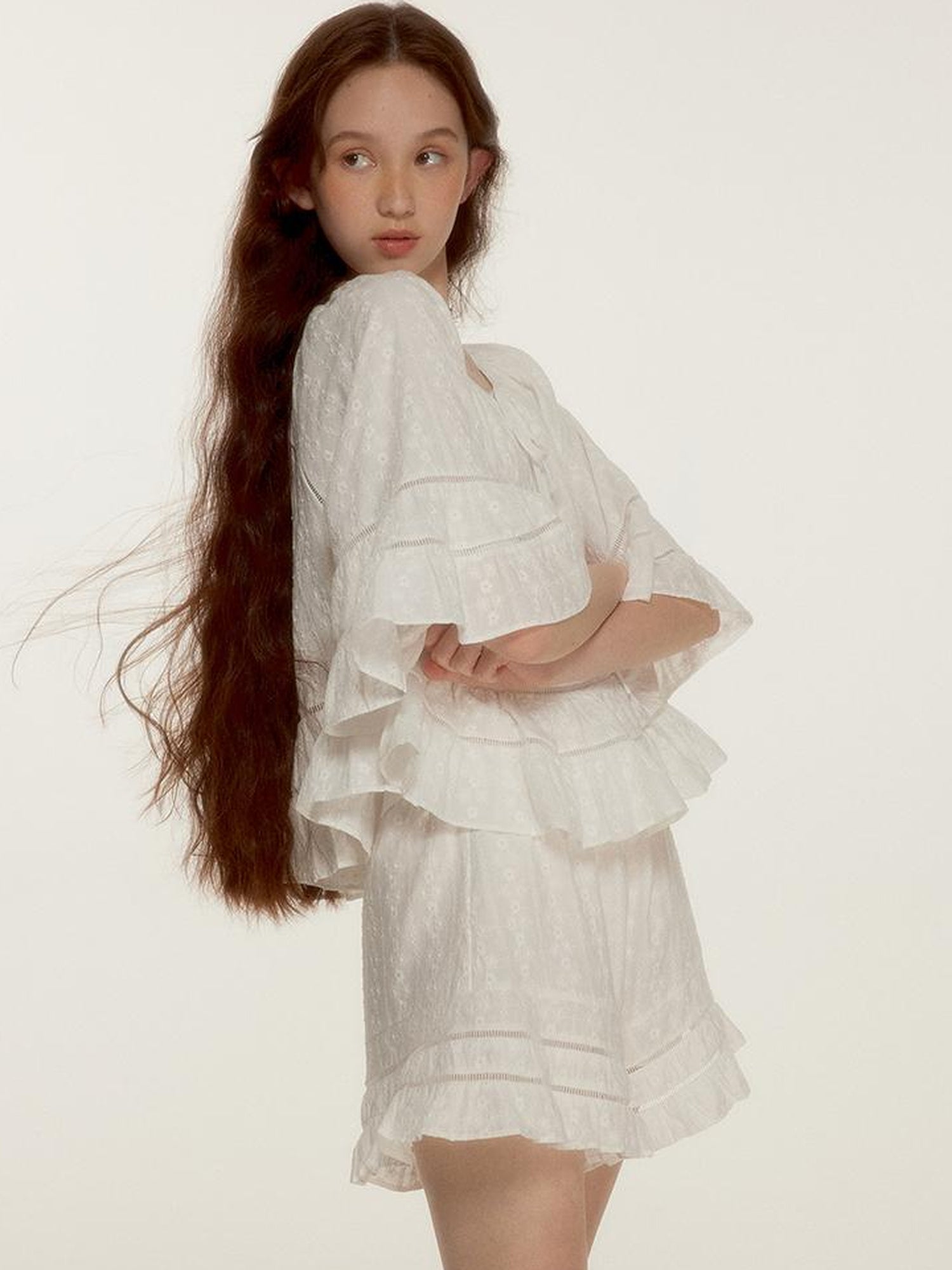 FUSSED Floral Embroidery Openwork Lace Up Crop Top Shorts Set