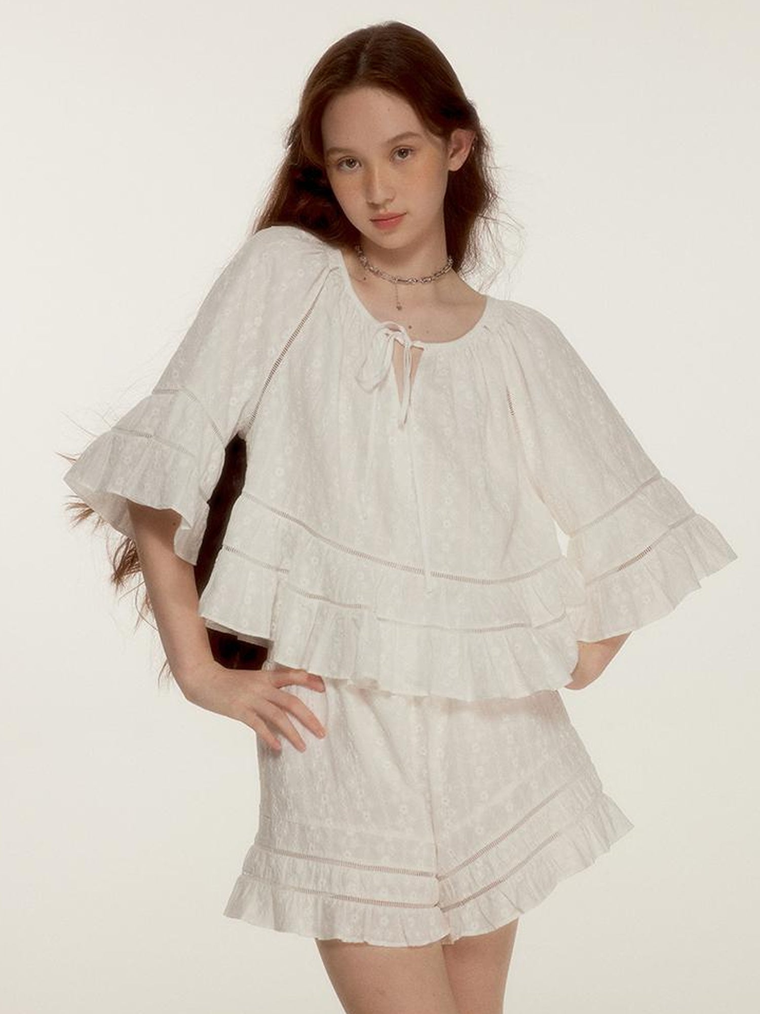 FUSSED Floral Embroidery Openwork Lace Up Crop Top Shorts Set