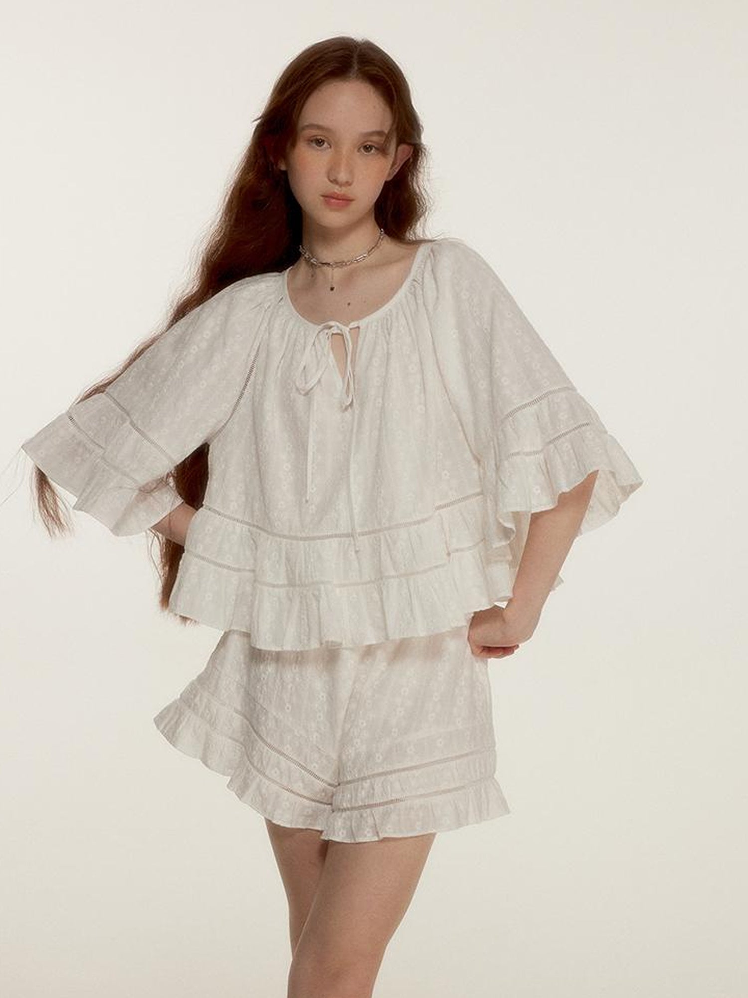 FUSSED Floral Embroidery Openwork Lace Up Crop Top Shorts Set