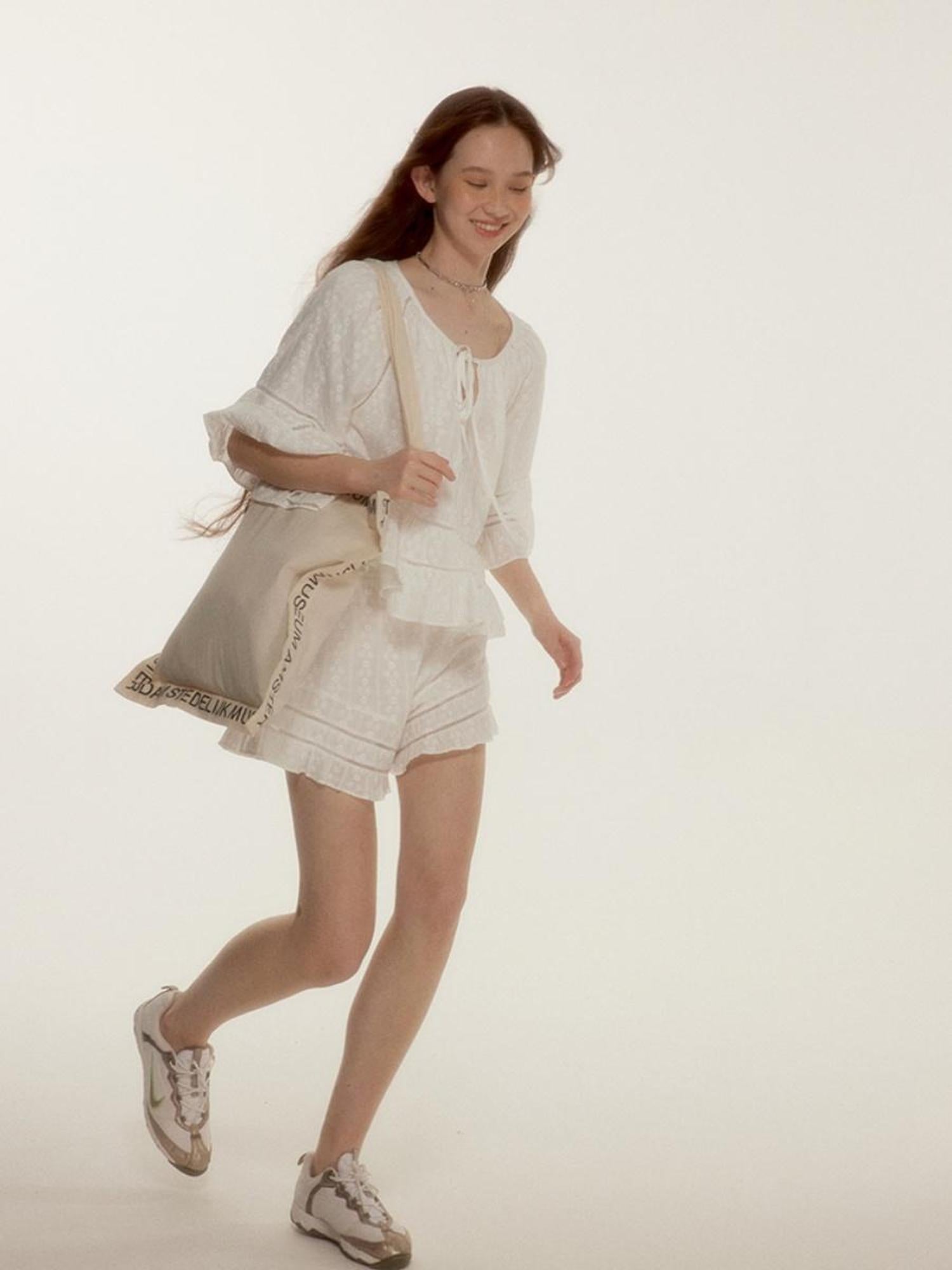 FUSSED Floral Embroidery Openwork Lace Up Crop Top Shorts Set