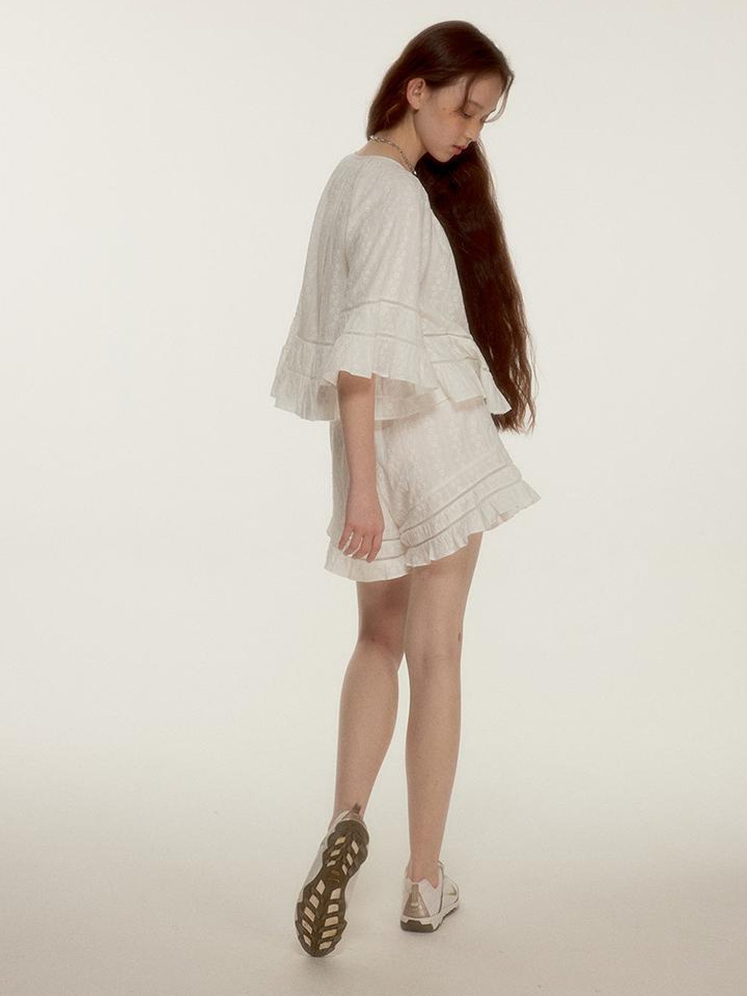 FUSSED Floral Embroidery Openwork Lace Up Crop Top Shorts Set