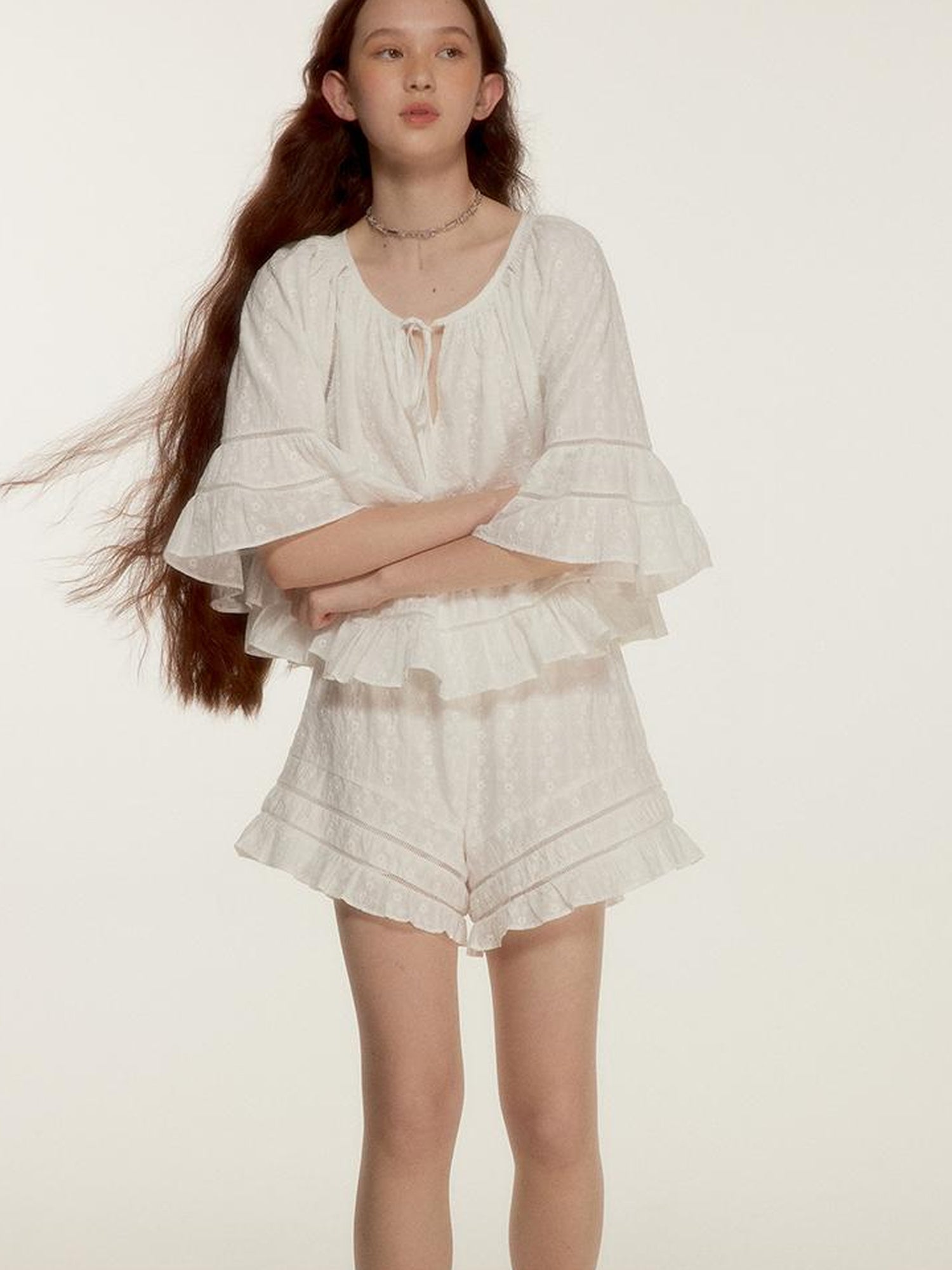 FUSSED Floral Embroidery Openwork Lace Up Crop Top Shorts Set