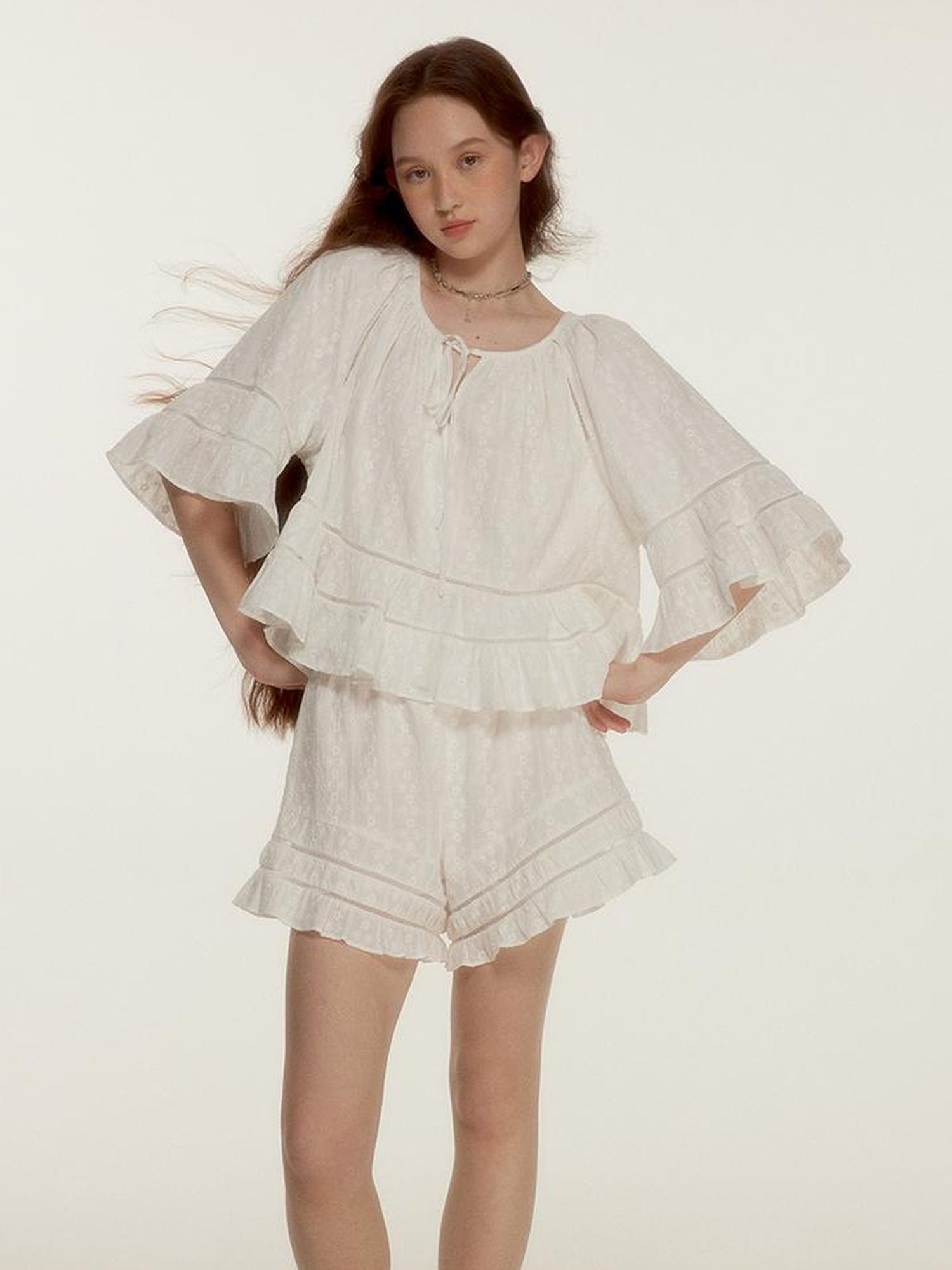 FUSSED Floral Embroidery Openwork Lace Up Crop Top Shorts Set