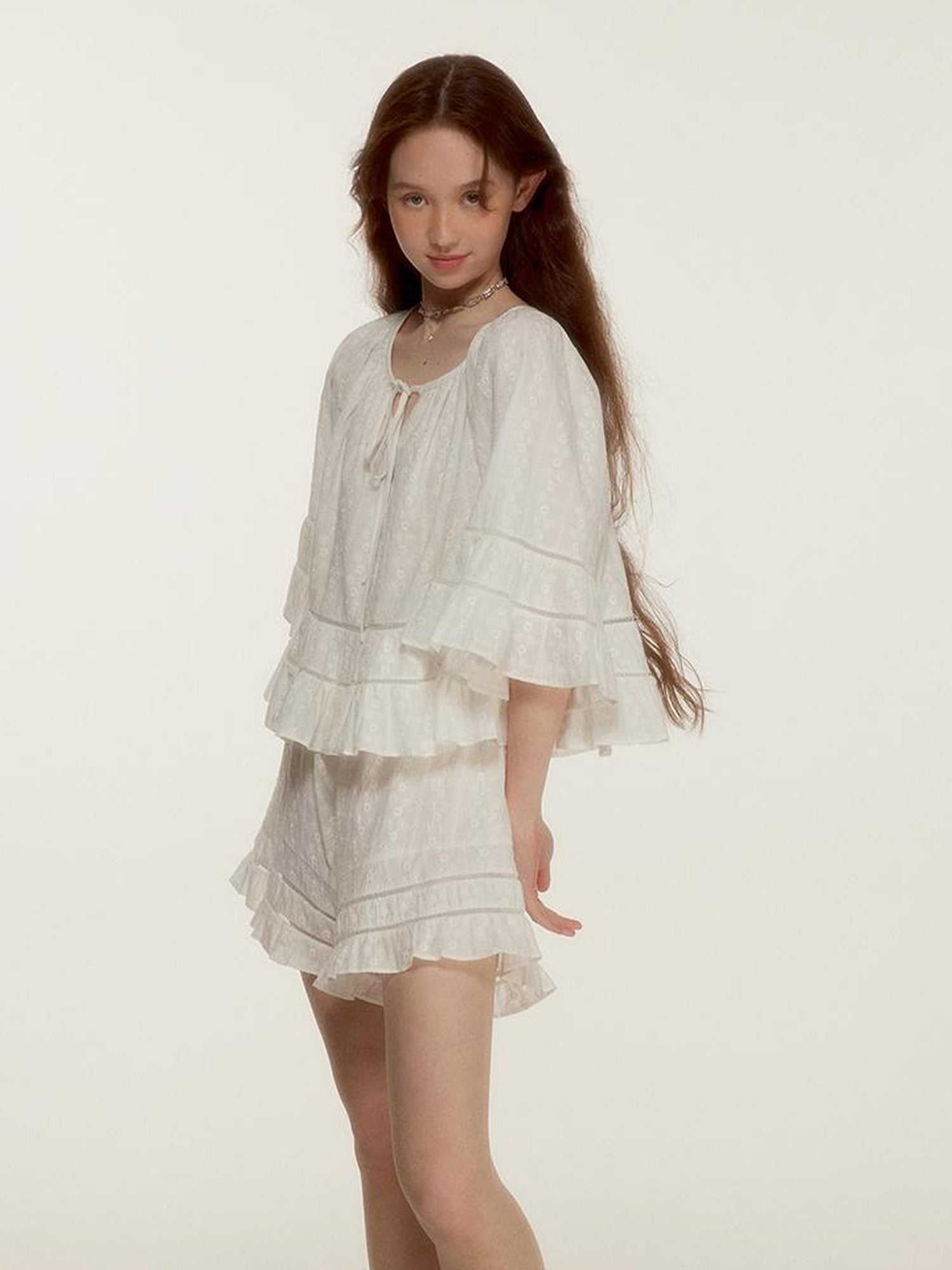 FUSSED Floral Embroidery Openwork Lace Up Crop Top Shorts Set